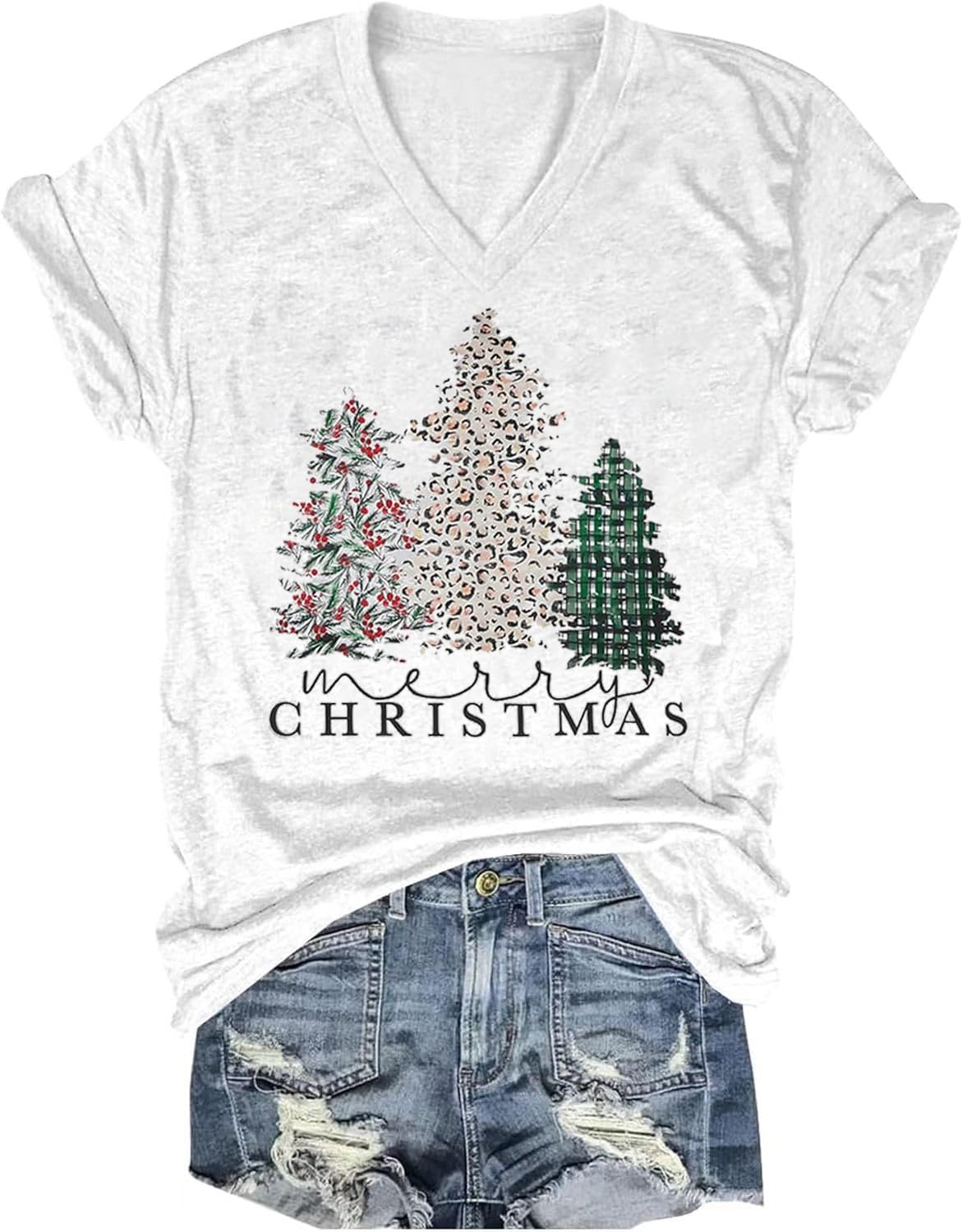 Vircreate Womens Short Sleeve V Neck Christmas T-Shirts Merry Christmas Tree Graphic Tee Tops