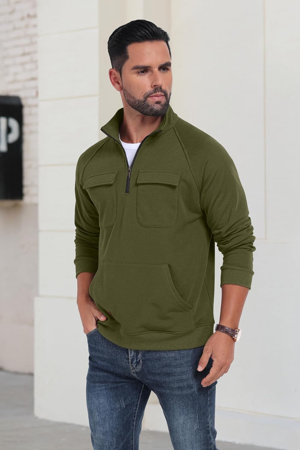 Lepunuo Cargo Sweatshirts for Men Quarter Zip Long Sleeve Warm Fleece Tactical Pullover Casual Athletic Loose Sweatshirts - Image 4