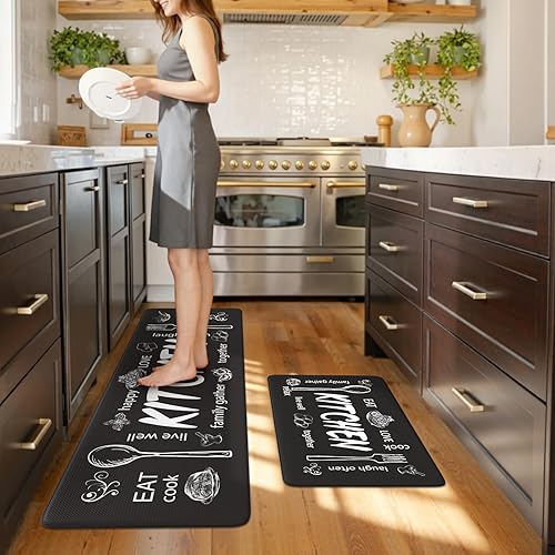 Vista 191 de KIMODE - Juego de 2 tapetes de cocina antifatiga, estilo vintage, antideslizantes, impermeables, ergonómicos, acolchados, cómodos para lavandería