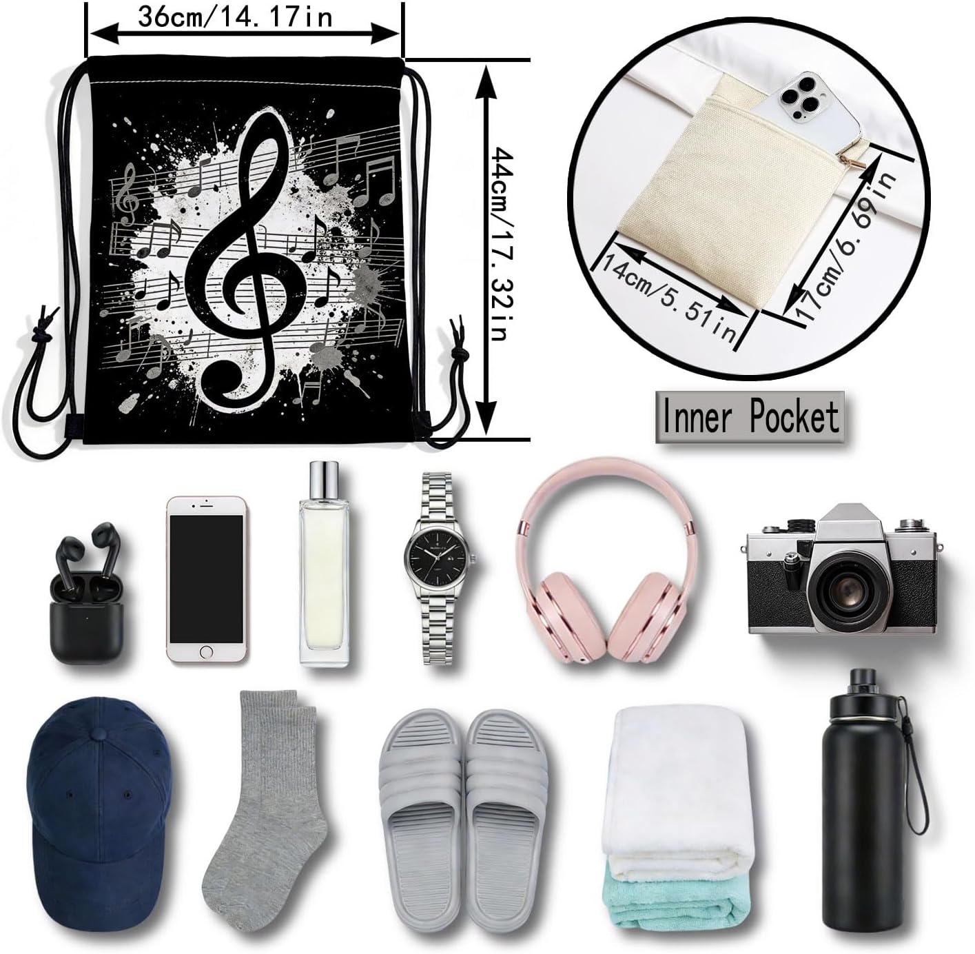 Music Score Note Dual-Sided Print Drawstring Bag image 2