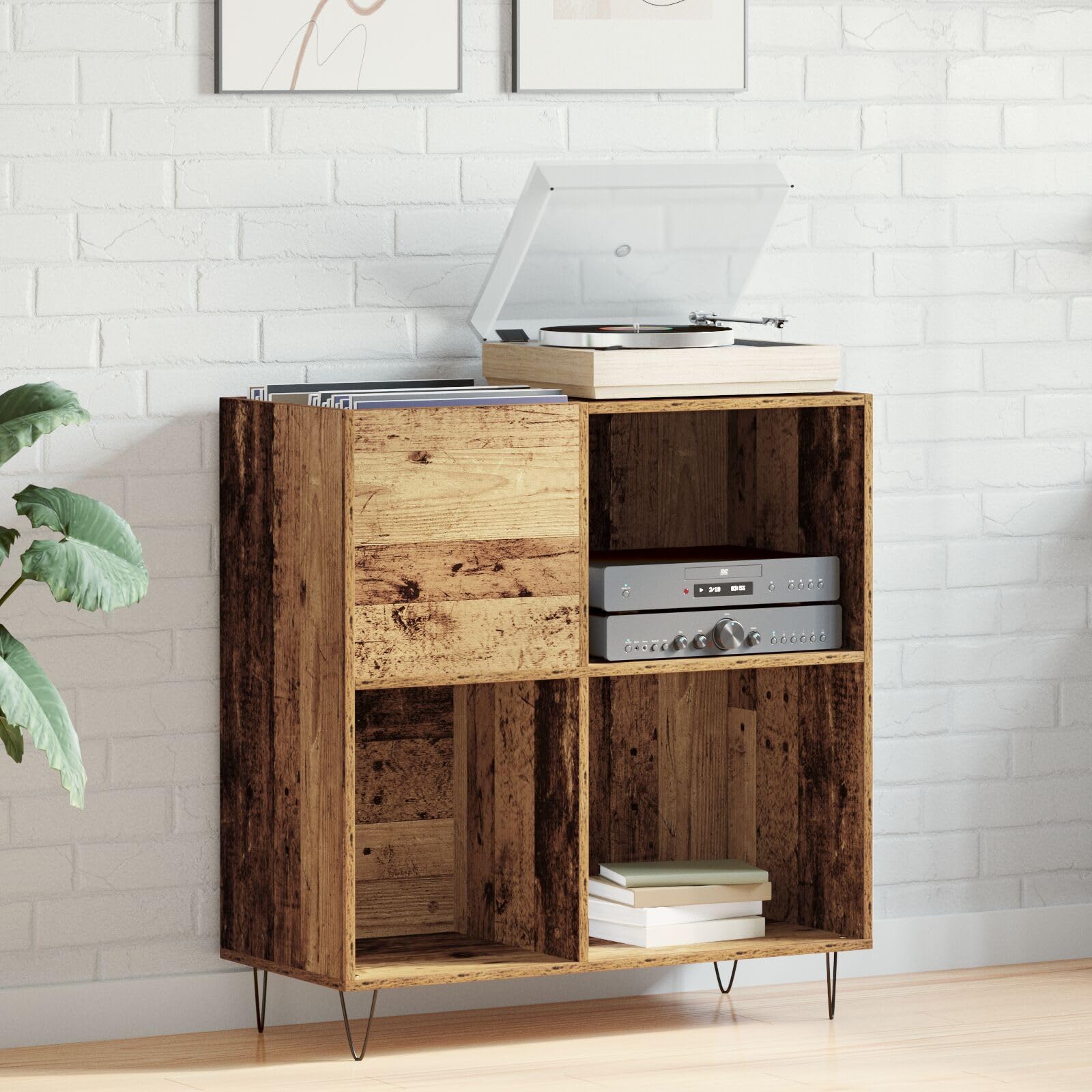 Brokky 862912 Mobile per media Rovere Artigianale 84.5x38x90 cm Legno ingegnerizzato Giradischi Vinili Stand Tavolino con Archiviazione Record in Vinile,Espositore per Dischi,Gabinetto del Supporto da
