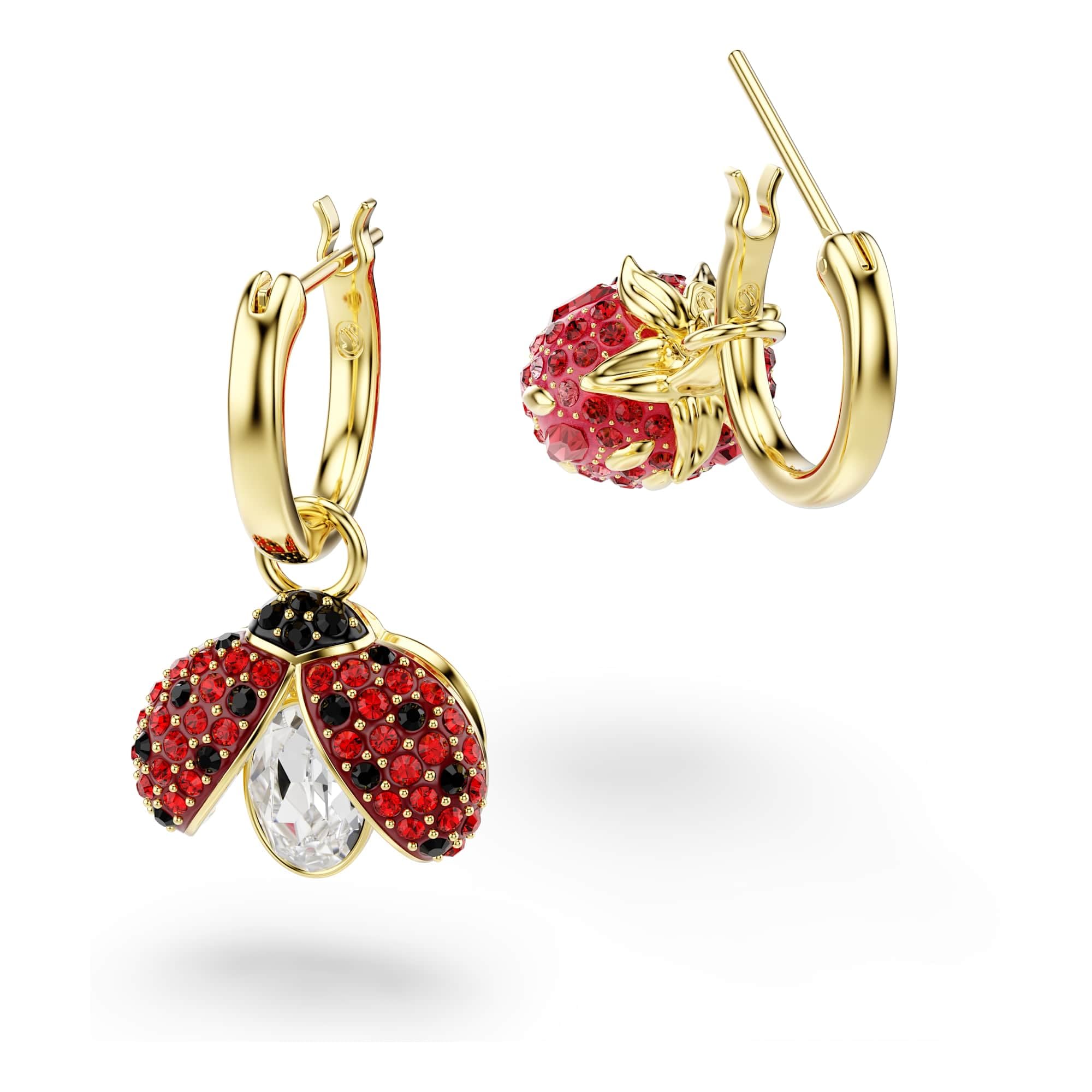 Swarovski Idyllia Drop-Ohrhänger, Set (3), Marienkäfer, Glücksklee, Erdbeere, Mehrfarbig, Goldlegierungsschicht