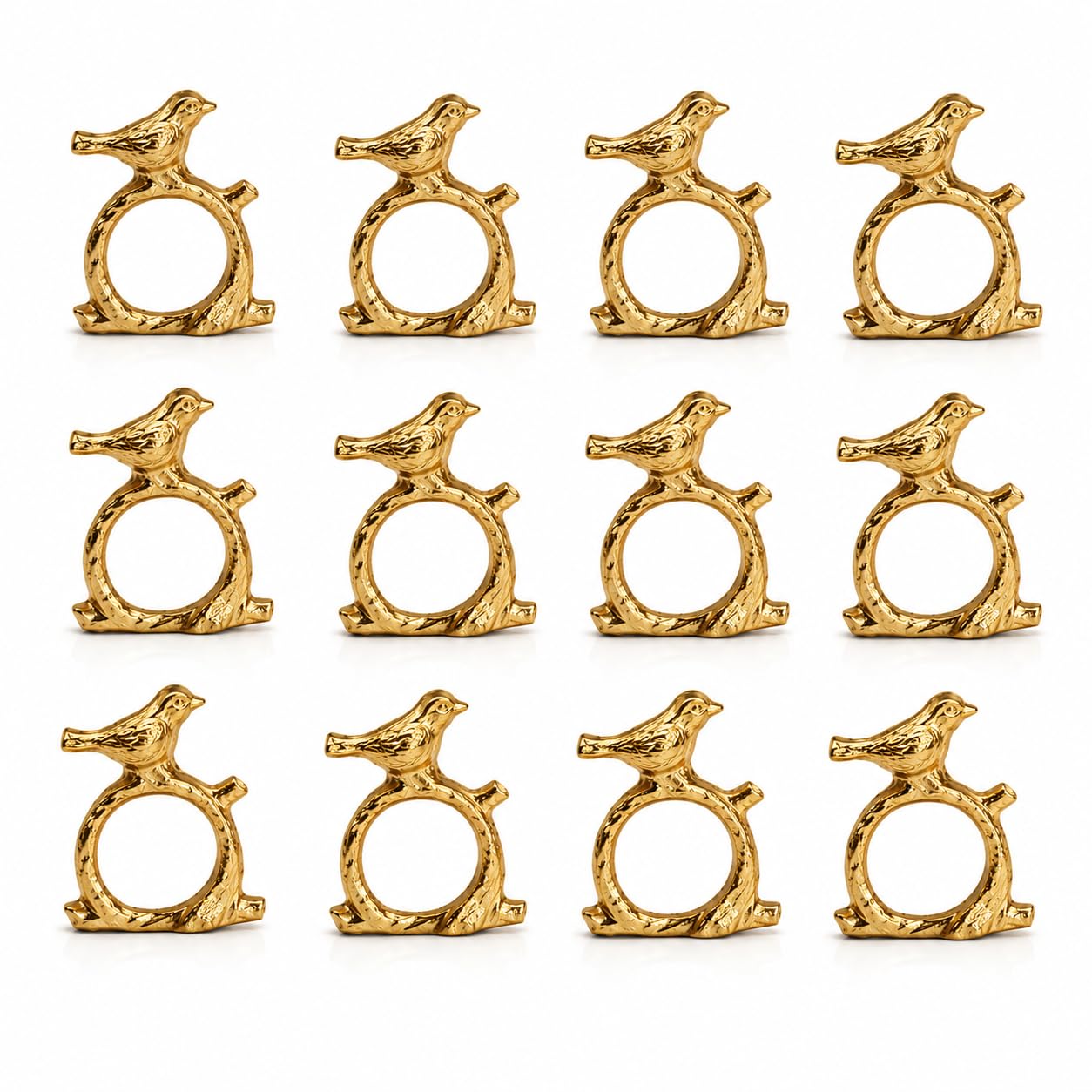 ITOS365 Lot de 12 ronds de serviette en aluminium avec oiseaux chanteurs sur branche d'arbre - Fabriqués à la main - Pour salle à manger, fêtes quotidiennes
