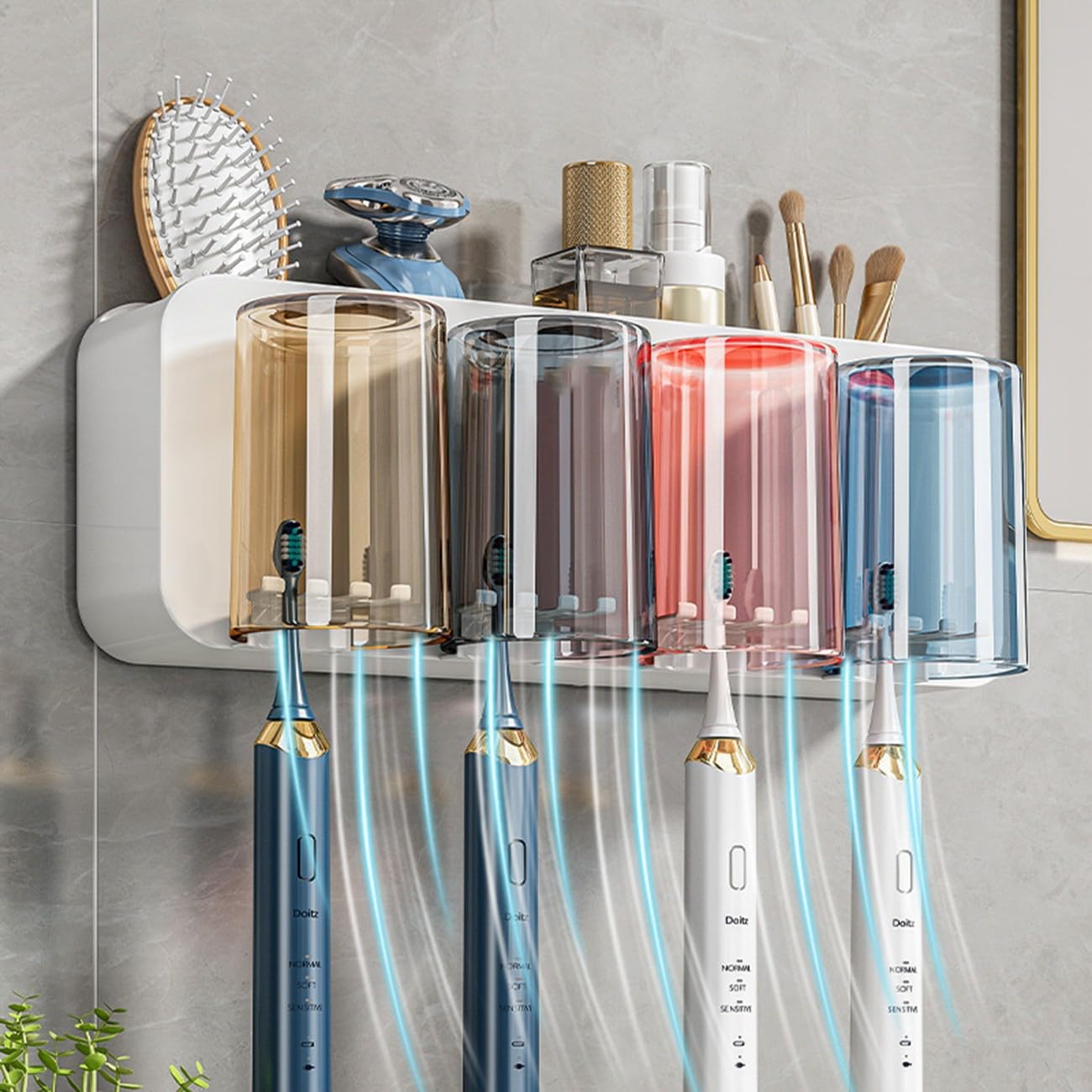 Porta Spazzolino da Muro,Porta Spazzolini Bagno in Plastica, Portaspazzolino Elettrico,con Fessure per Spazzolino,Tazze E Scatola Portaoggetti Cosmetica,Salvaspazio E Estetica,4 Cups