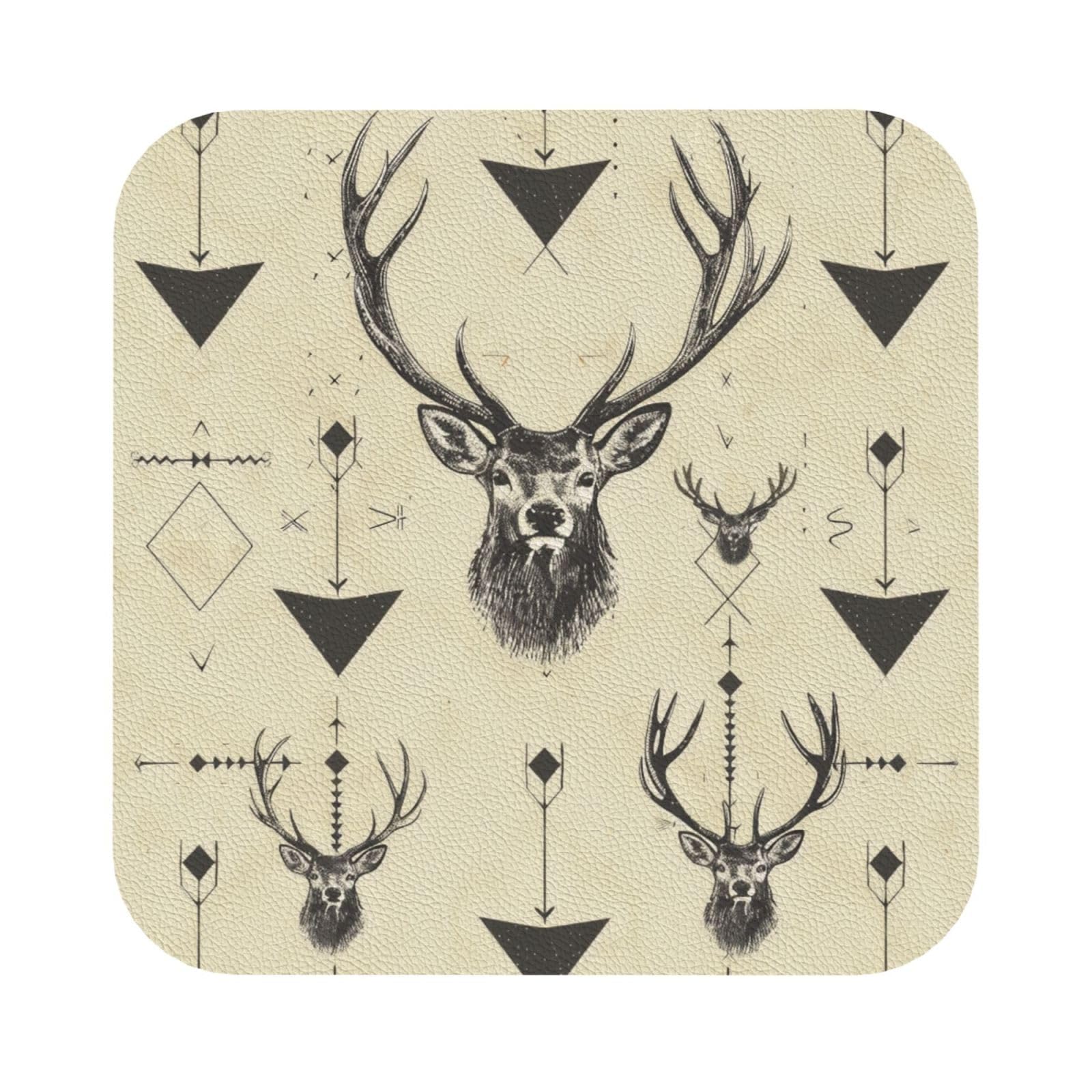 Hunting Arrows Triangles Deer Print Leather Coaster Set of 6, Square Coasters Table Decorative Coffee Cup Beverage Coasters Wine Beer Bar Coasters for Hot Drinks Table Protection