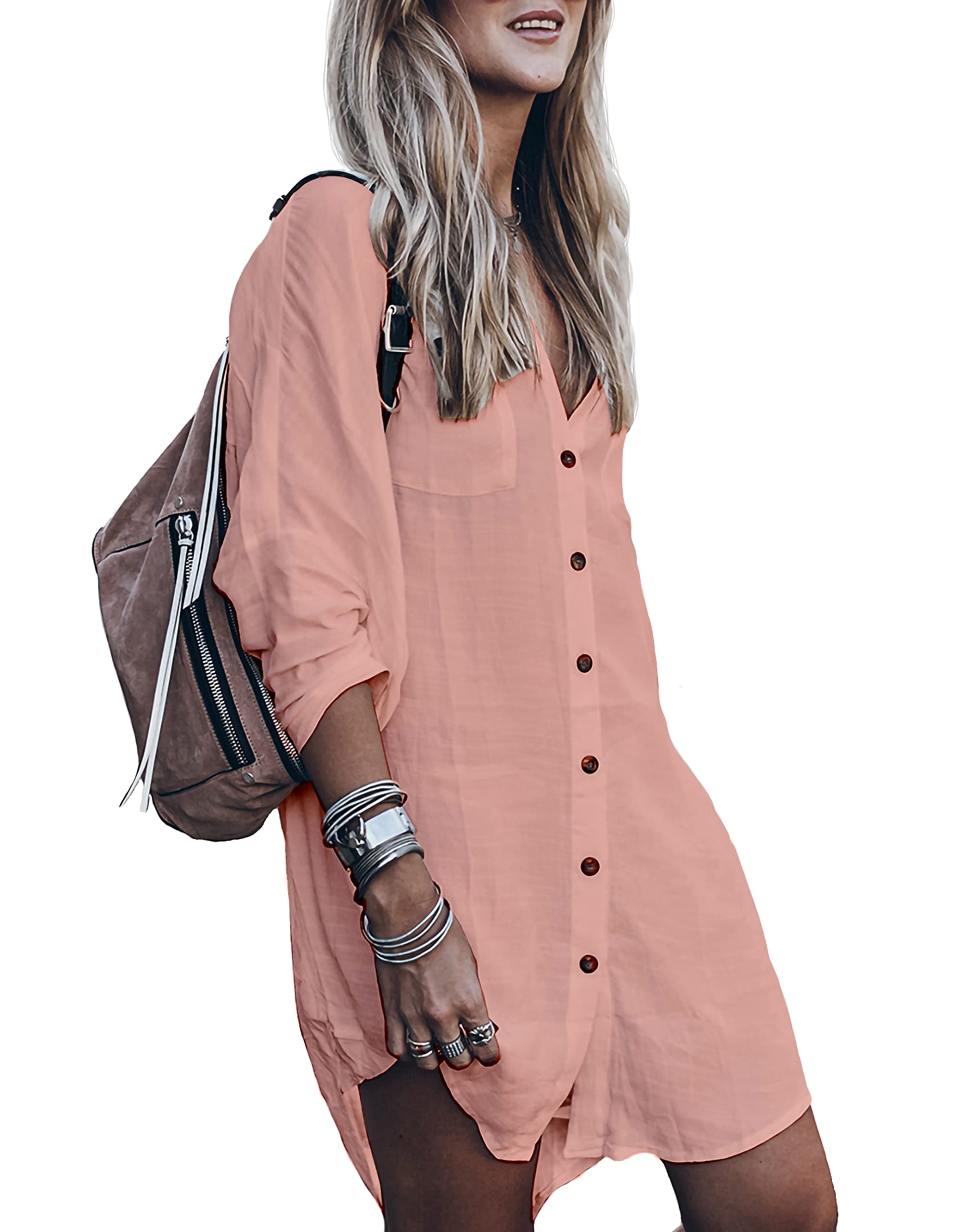Women’s Swimsuit Cover up,Silky Button Down Shirt Midi Dress Kimono,Summer Bathing Suit Beach Coverups for Women (CP-Aline)