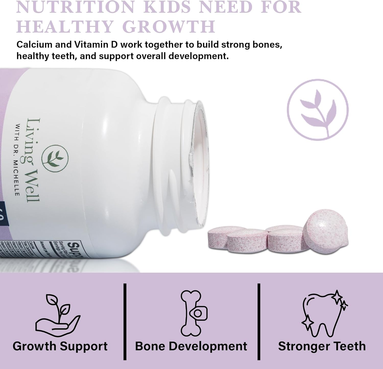 Living Well Kids Calcium & Tooth Support – Chewable Bone Health Vitamins with D3 + K2, Magnesium & Zinc – Strong Teeth & Enamel Defense – Berry Flavor – Fluoride-Free, Non-GMO