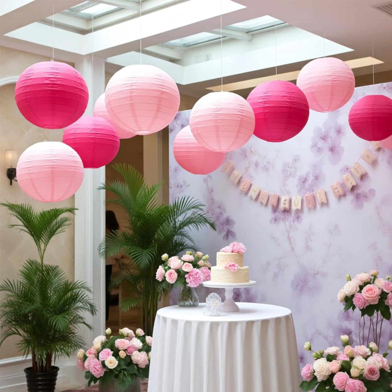 Chinese Paper Lanterns - Pack of 10, 12-Inch Pink/Rose Red Hanging Lights for Birthday Party Decorations, Ceiling Decor, Rainbow Classroom, Wedding, and Home Party