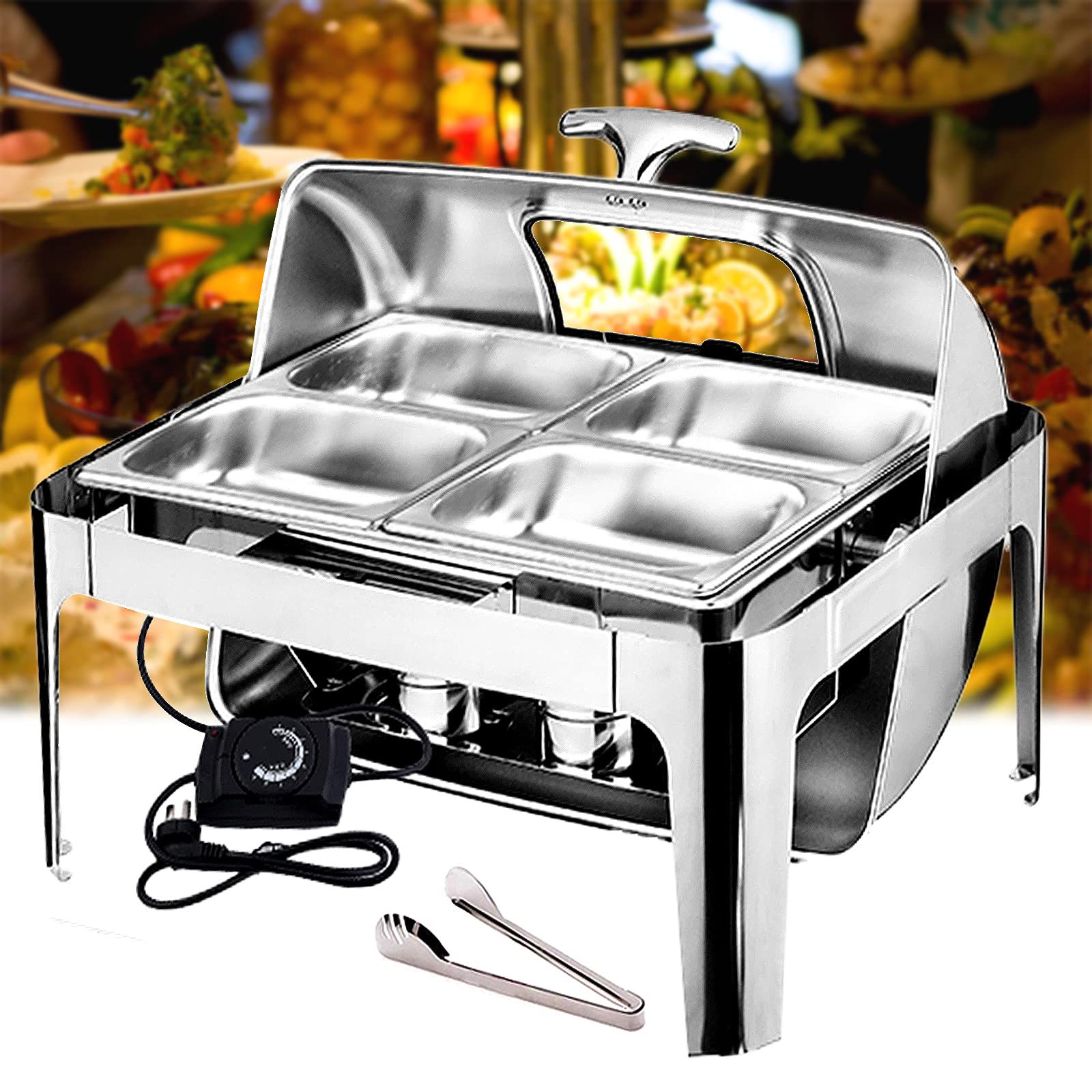 Chafing Dish Elettrico Contenitore Scalda Cibo Acciaio Inox per Buffet, Scaldavivande Buffet Elettrico per Hotel, Ristorante And Festa, Temperatura Regolabile (0-90℃), 9L, Piazza