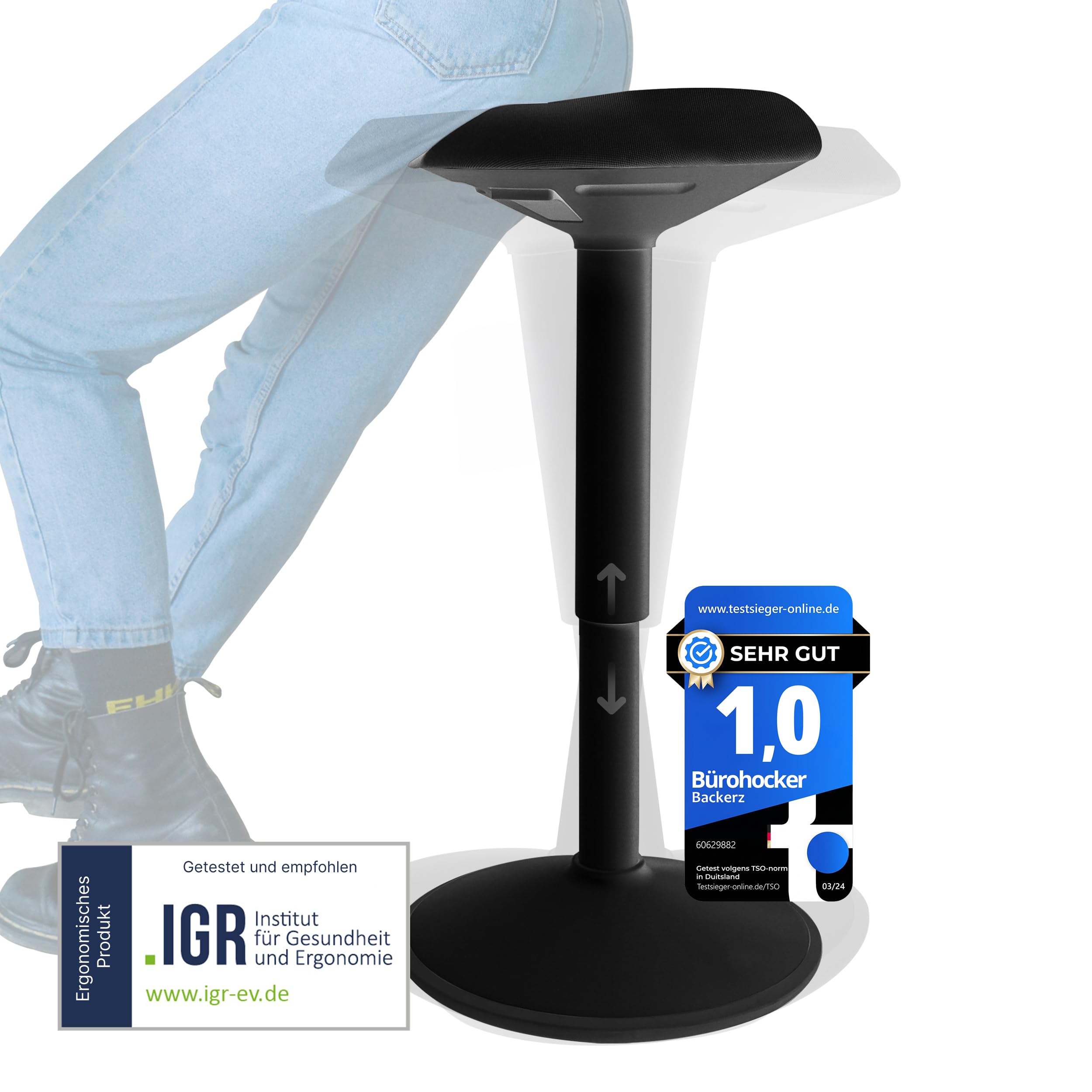 Ergonomischer Hocker TESTSIEGER - Bürohocker Höhenverstellbar [55-80cm] Stehhocker für Büro mit Schwingeffekt - Büro Stehstuhl - Rutschfester Sitzhocker Ergonomisch - Wackelhocker Büro - Mattschwarz