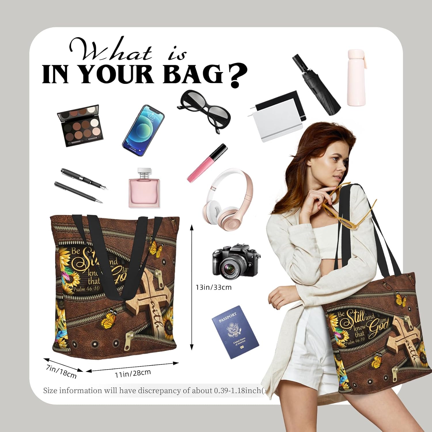 Christian Gifts Reusable Shopping Tote Bag Zippered Inspirational Tote Bags for Women Bible Verse Shoulder Bag - Image 2