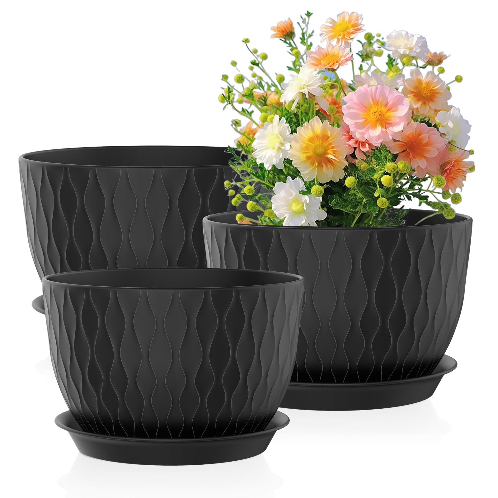 Meowell 12/10/9 inch Large Plant Pots, 3 Pack Wide Flower Pots for Outdoor Indoor Plants with Water Ripples, Big Plastic Planters with Drainage Holes