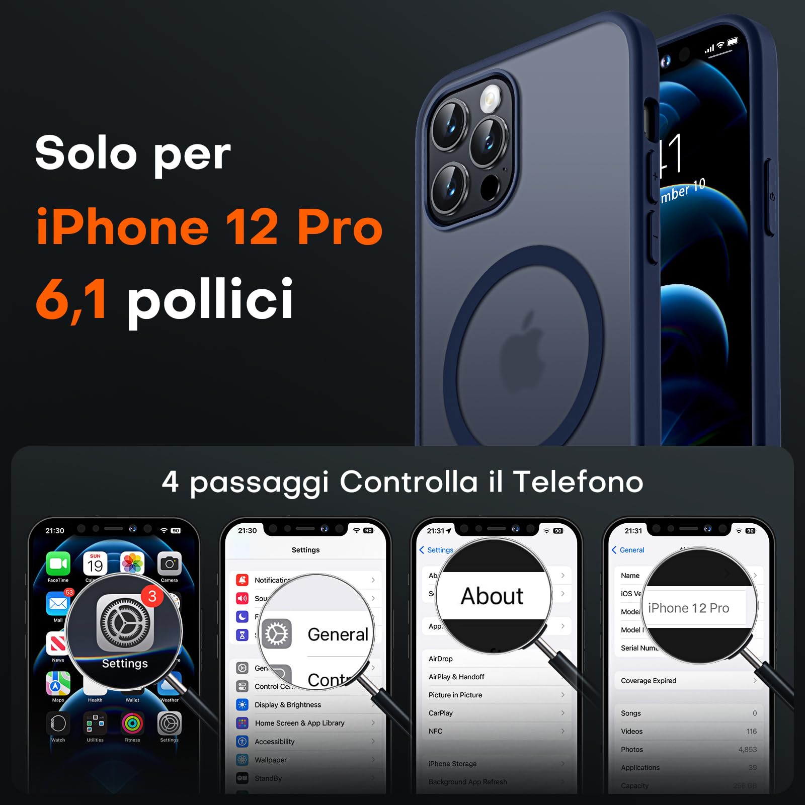 TOCOL Cover Magnetica per iPhone 12 Pro 6,1 Pollic, Compatibile con MagSafe, Custodia Antiurto Traslucida Opaca, Blu