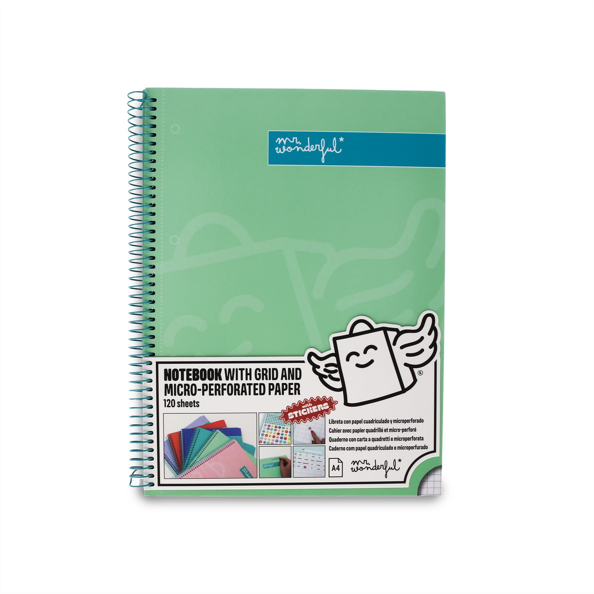 Mr. Wonderful - Notebook A4 Green - 240 micro-perforated squared pages - Extra hard cover - Spiral framing - Includes stickers