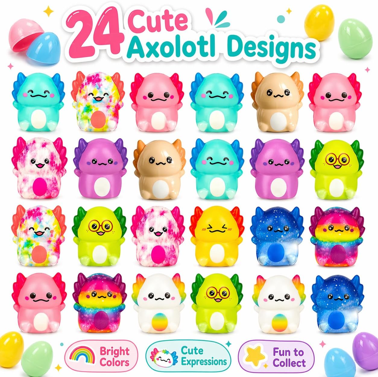 24 Pack Axolotl Squishy Toys with Mystery Eggs, Party Favor Toys for Kids, Classroom Prizes, Treasure Box Toys, Goodie Bag Fillers, Small Fidget Sensory Toys Bulk