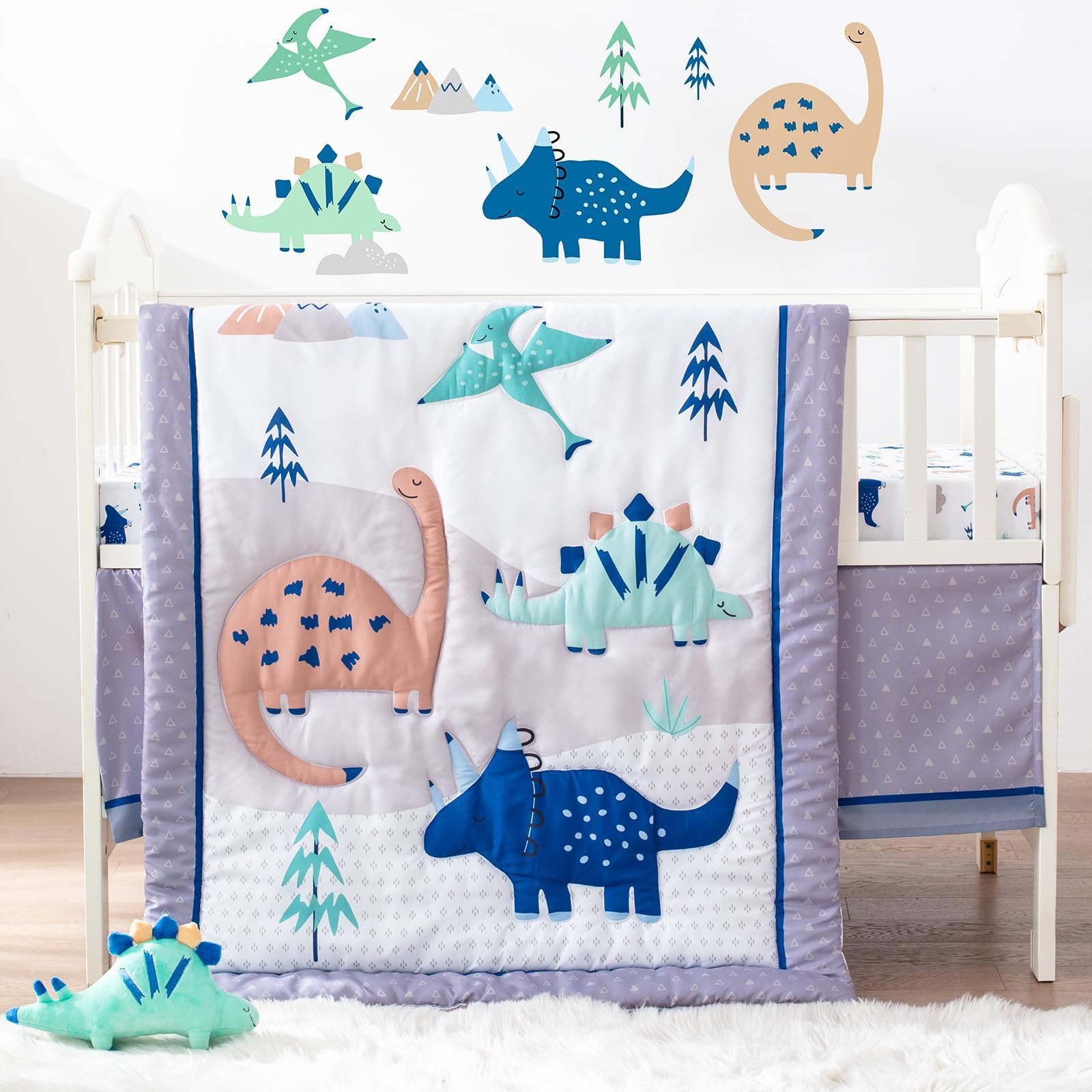 Bedtime Originals Roar Dinosaur 3 Piece Crib Bedding Set, Blue/Gray, ‎44x1x35 Inch