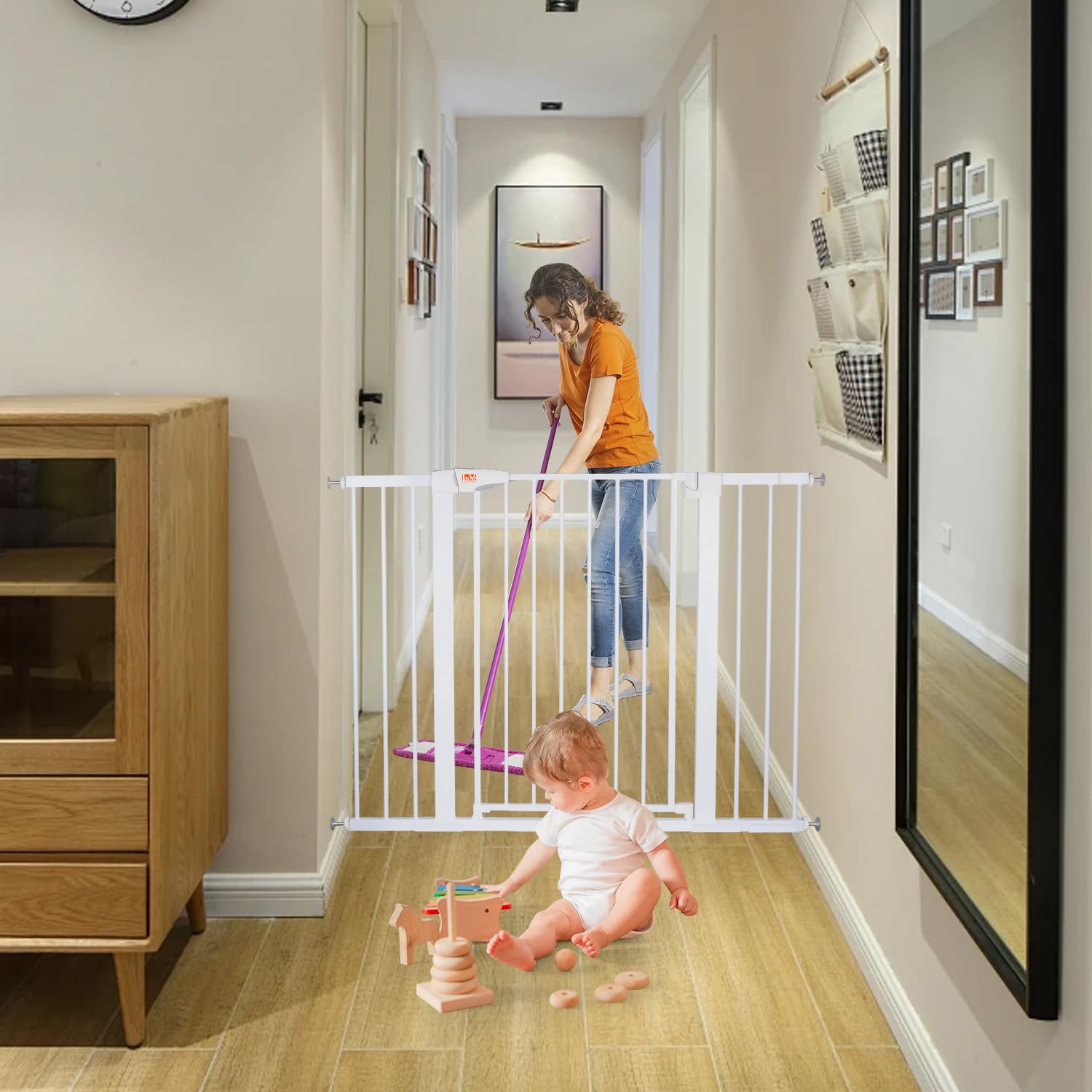 LAOYE cancelletto per bambini, Cancelletto per scale senza trapano, altezza extra alta 92 cm, larghezza 75-124 cm con 3 estensioni, per bambini, cani gatti, chiusura automatica arresto a 90°-Bianco