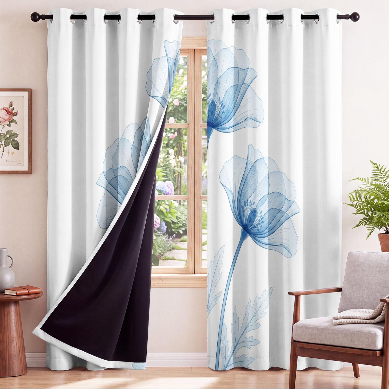 Générique Rideau Occultant Moderne Floral, Rideau Thermique Motif Floral Botanique, Lot de 2 Rideaux Opaque à Oeillets pour Fenetre Chambre Salon Chambre Enfant, 117 x 137 CM