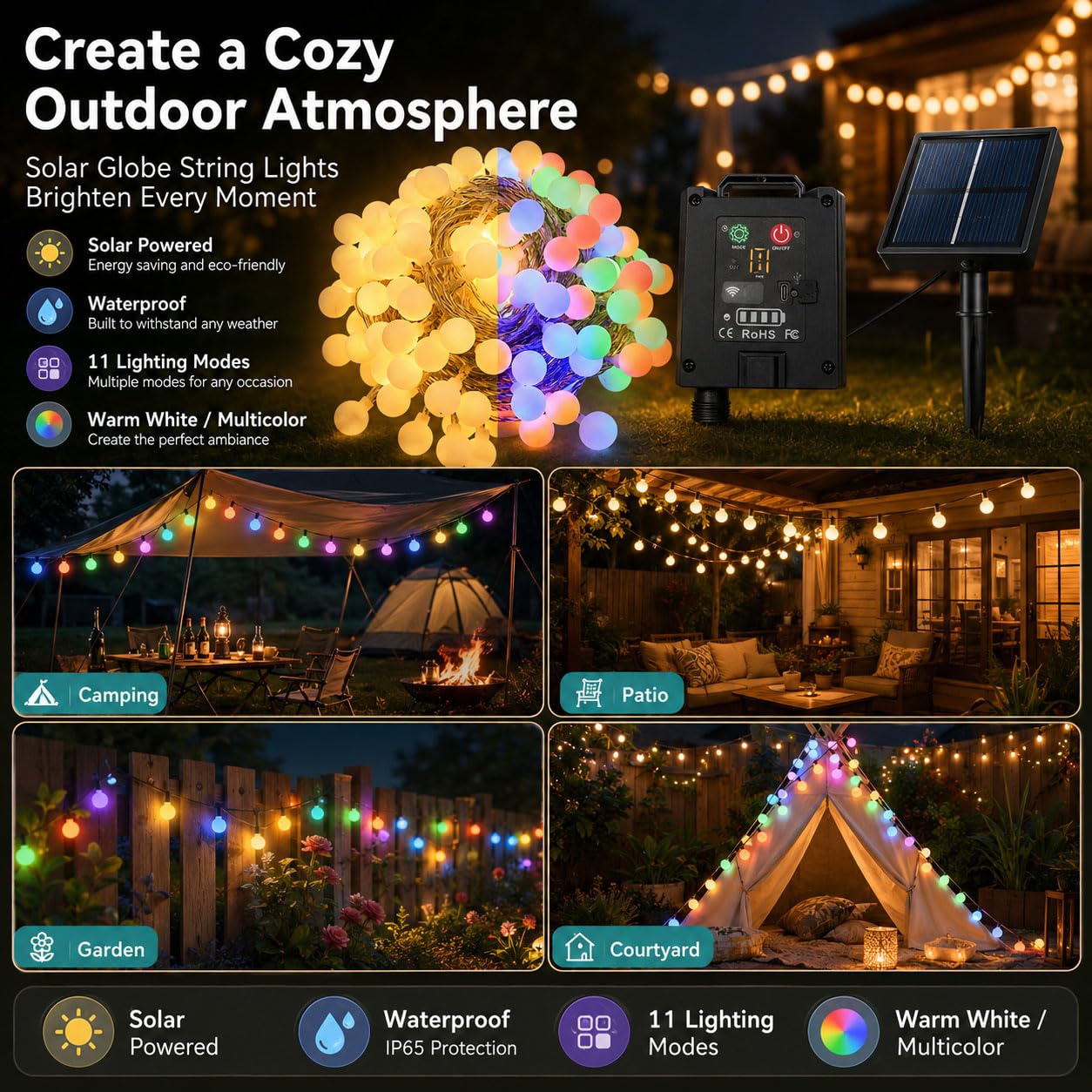 Hiseng Catena Luminosa Esterna Solare, Luci Solari Esterno da Giardino a Bolle, Lampade Solari Impermeabili per Campeggio, Terrazzo, Balcone (Perlina LED,50M)