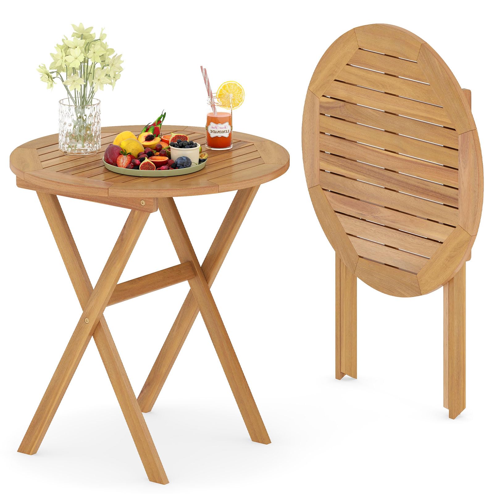 GIANTEX Tavolo rotondo pieghevole in legno di Acacia, tavolo da giardino rotondo, vassoio per doghe struttura a X, barre trasversali rinforzate, chiusura e 2 ganci, per balcone, terrazza, campeggio