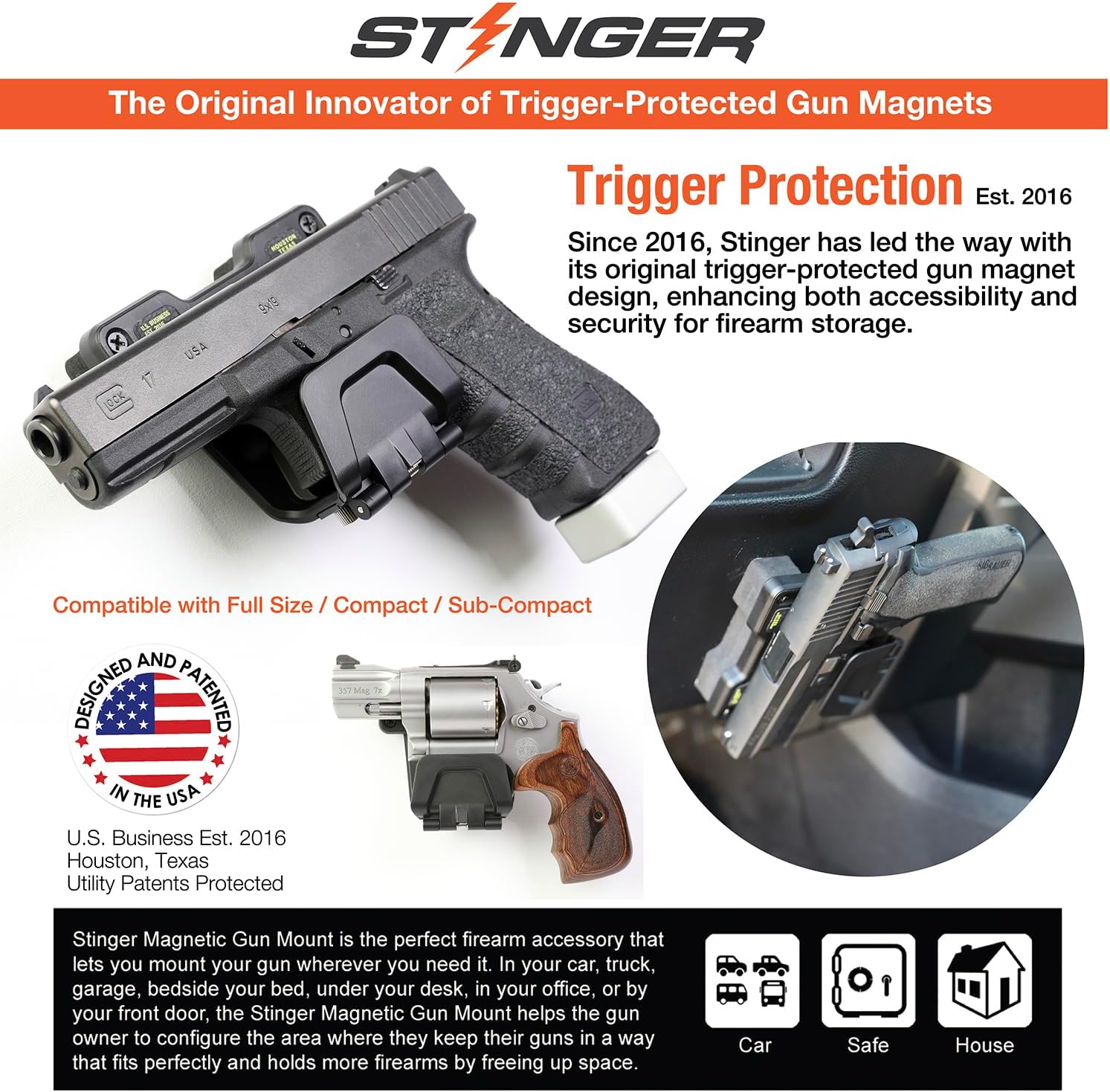 Stinger Gun Mount, Car Holster, Universal Magnetic Gun Mount with Trigger Guard Protection, 30 lb Neodymium Magnet, Gun Magnet Mount for Car, Truck, Desks, Safes, Walls