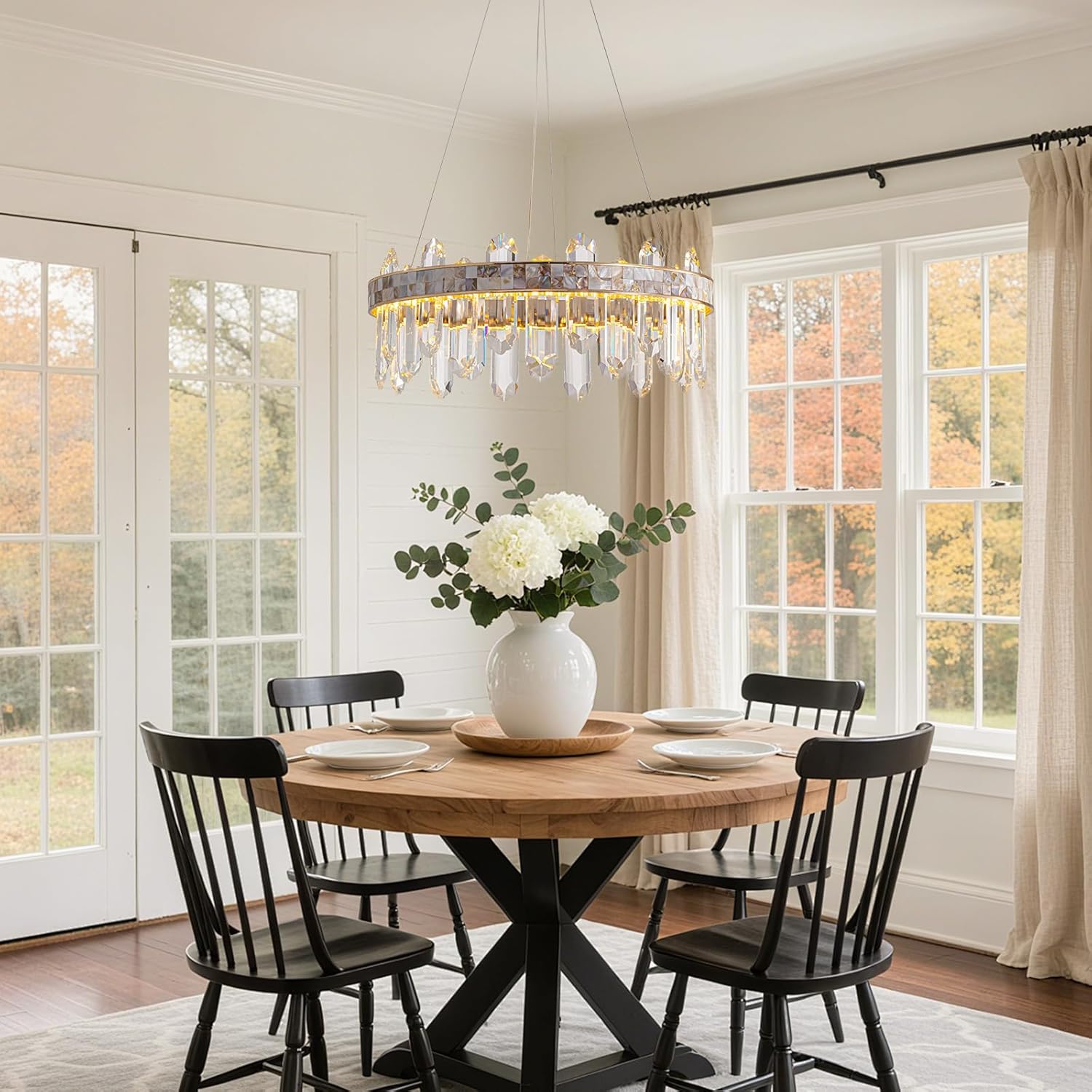 SNZ Modern Round LED Crystal Chandelier, 17in Chandelier Light Fixture with Natural Shell Inlay, 3-Color Stepless Dimmable Chandeliers for Bedroom Living Kitchen Island Entryway Foyer