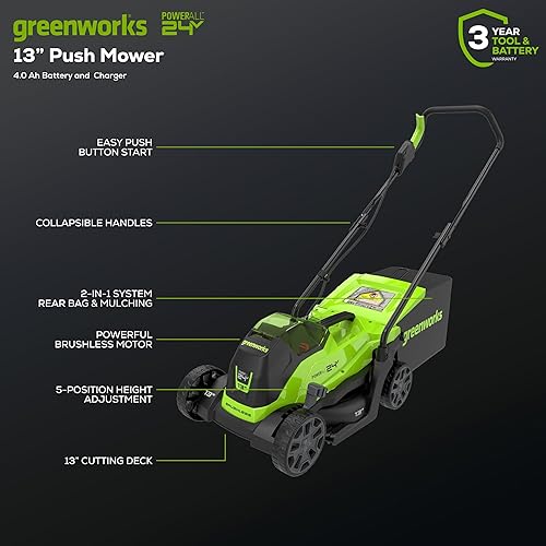 Miniatura 2 de Greenworks Cortacésped inalámbrico sin escobillas de 24 V 13 pulgadas con batería de 4.0 Ah y cargador, cortacésped de empuje sin mantenimiento