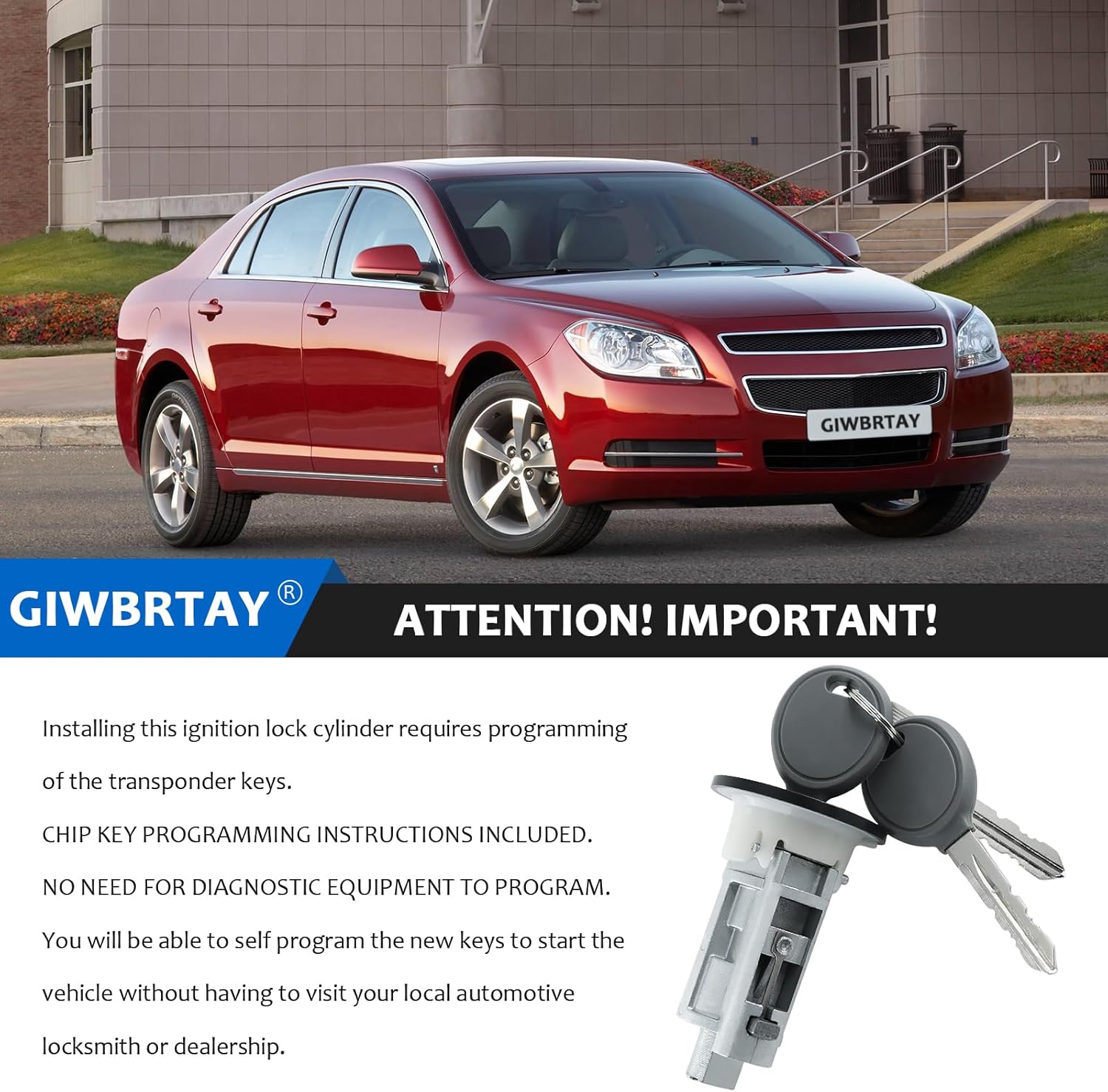 for Chevy Malibu 2004-2012,for Pontiac G6 2005-2010,for Saturn Aura 2007-2009 Ignition&Front Door Lock Cylinder Set W/2 Chip Keys with On-Board Programming (Programming Instruction Included) 20759306