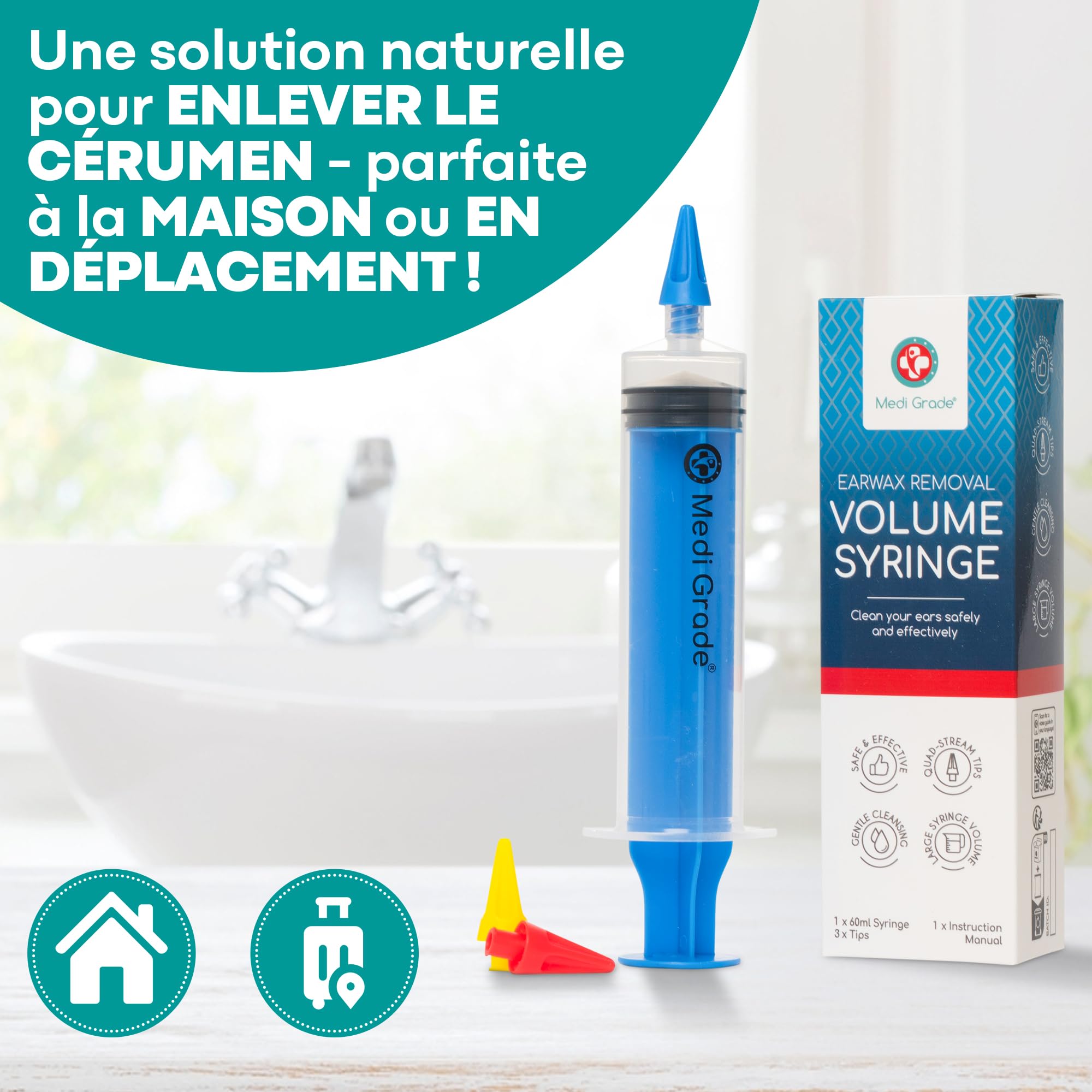 Kit Élimination de Bouchon d’Oreille – Nettoyage Oreille Sûr par Medi Grade – Nettoyeur Oreille – Livré avec Seringue 60ml, Embouts – 3 bouts à Quadruple Jet – Nettoyage Auriculaire
