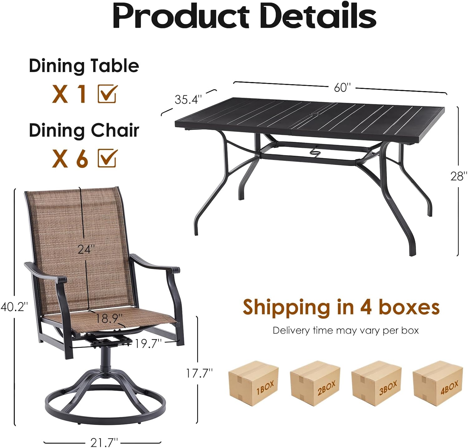 Soohow Outdoor Dining Set for 6, 7-Piece Patio Table and Chairs Set, 6 x Swivel Patio Dining Chairs with Textilene Fabric and 60"x35" Outdoor Table with 1.57" Umbrella Hole for Backyard, Poolside