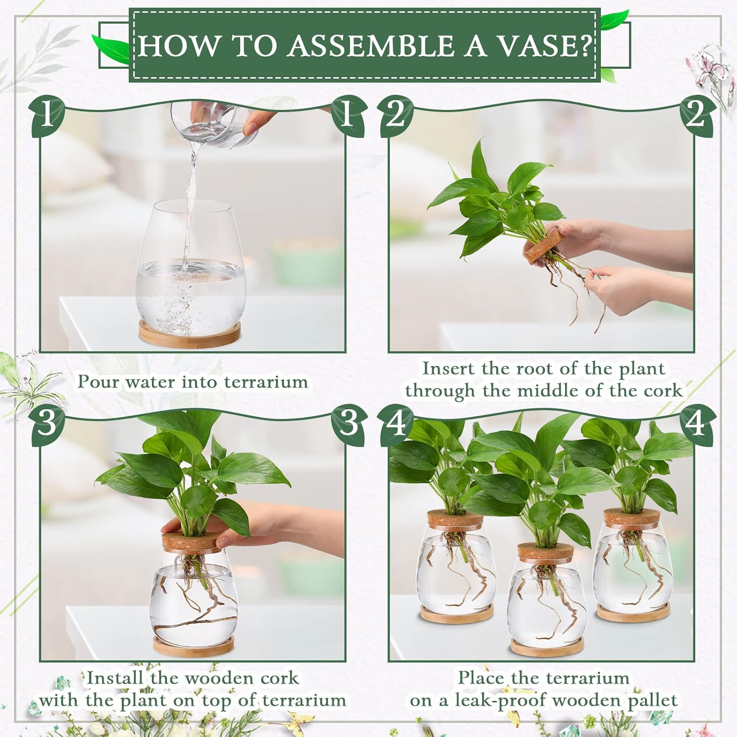 Nuanchu 4 Pcs Desktop Plant Terrarium Plant Propagation Vase Propagation Jars Glass Containers Air Planter Water Station with Wooden Lid and Stand for Hydroponic Home Office(Large)