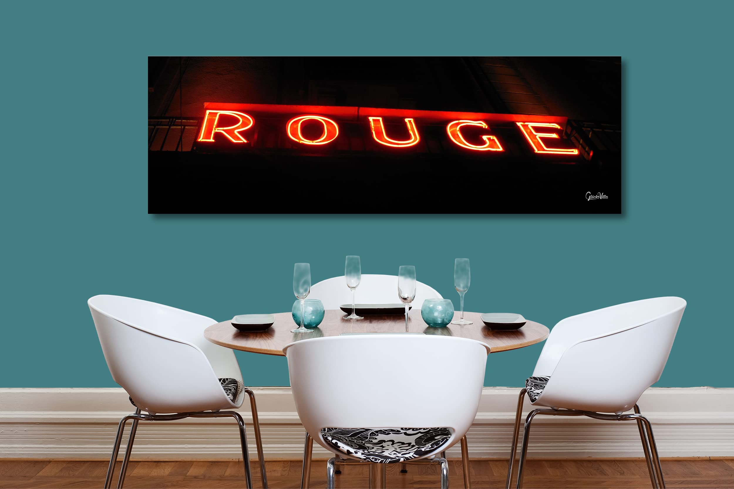 Glücksvilla - Rotes Rouge (Echtglas + Acryl 4 mm, 90 x 30 cm) | div. Maße - aus DE - Kunstdruck XXL Deko Wandbild quer - Hotel Reklame Leuchtschrift Schild Buchstabe