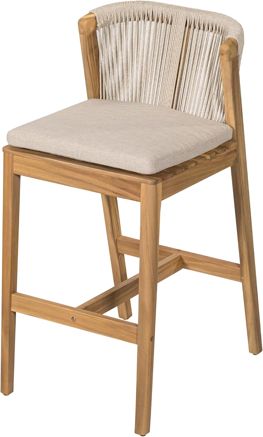 Christopher Knight Home Cuz Patio Barstool Set of 2, Outdoor Counter Height Stool with Sturdy Acacia Wood Frame and Rope Backrest, Bar Stool with Seat Cushion for Backyard Garden, Beige + Teak