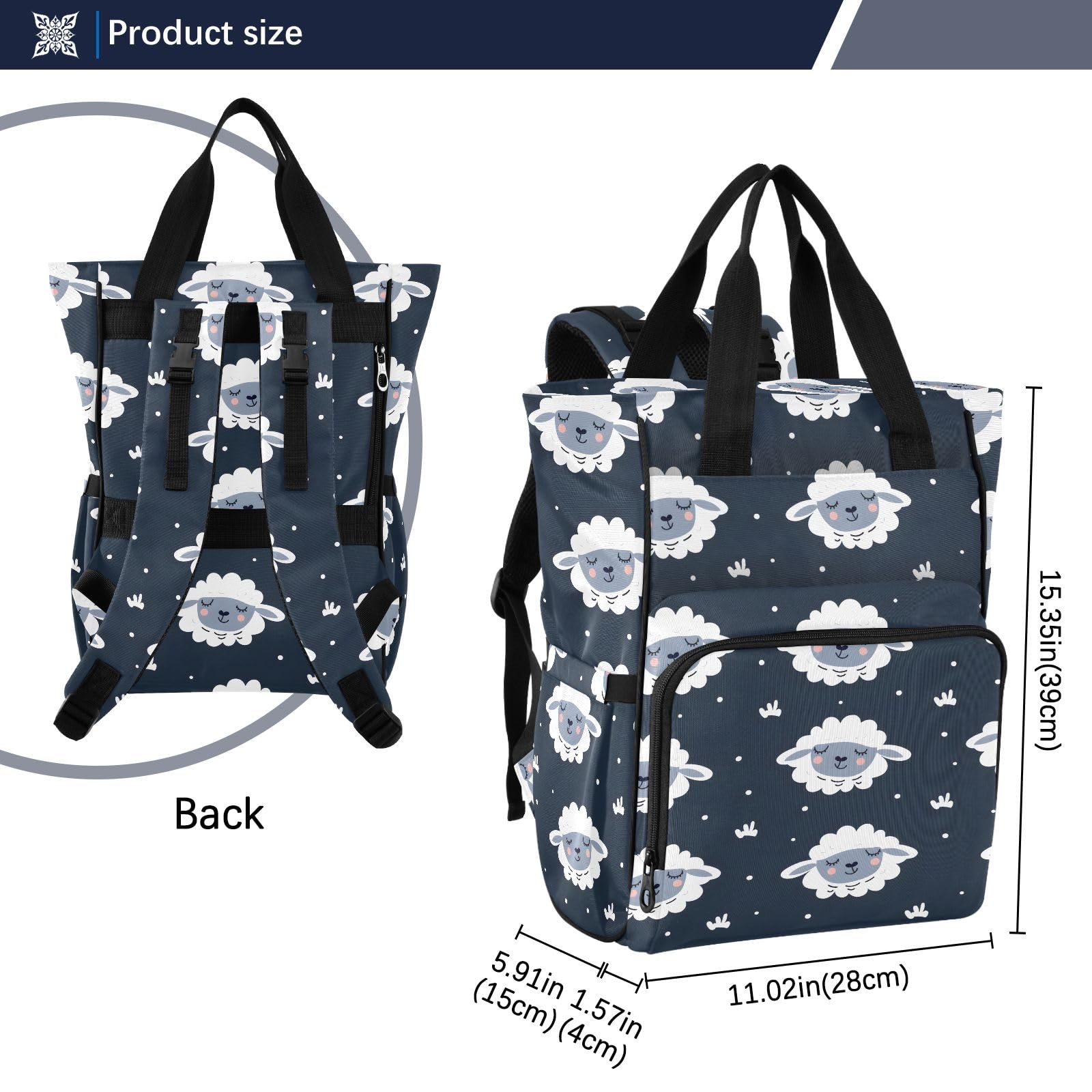 Mnsruu Pecore su sfondo blu scuro (2) borsa per pannolini per bambini zaino grande borsa impermeabile da viaggio borse per pannolini per mamme e papà
