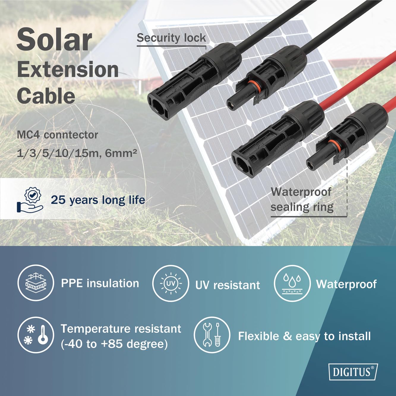 DIGITUS Juego de Cables solares de extensión – 2 Cables – 15 m – sección del Conductor de 6 mm² – Conector MC4 – IP65/68 – Resistente a los Rayos UV y a la Intemperie – Funda XLPO – 1x Rojo, 1x Negro