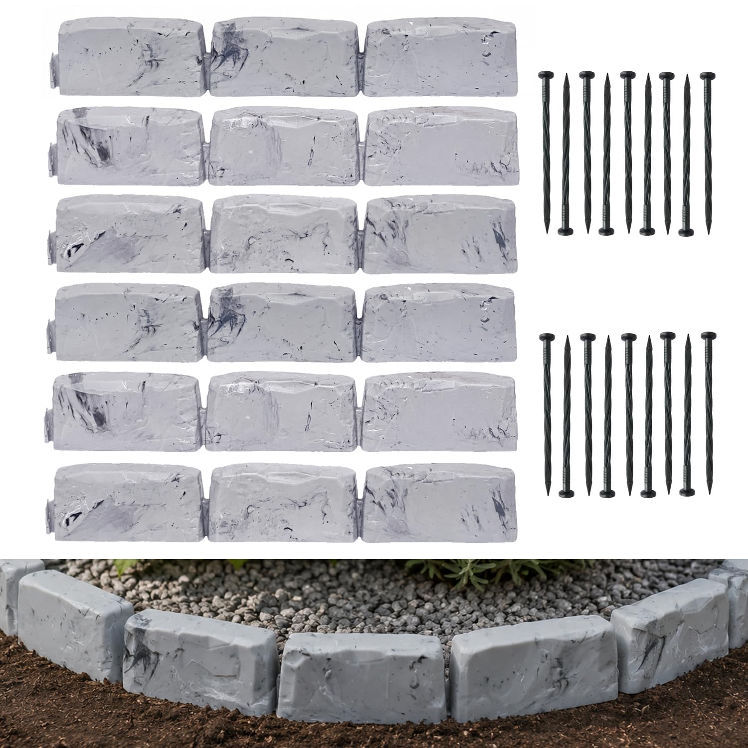 WIFORH 276cm/9ft Grey Stone Effect Garden Lawn Edging Flexible Plant Border