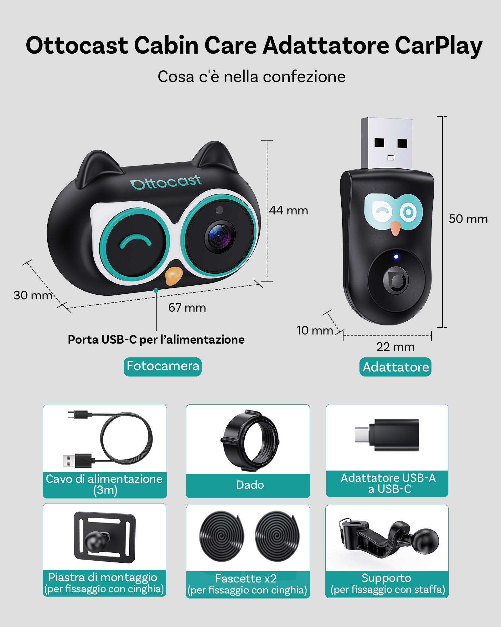 Ottocast Cabin Care CarPlay Adapter 2026, Ottocast Mini Telecamera Sedile Posteriore 1080P, USB-A Plug & Play, Solo per CarPlay cablato di fabbrica