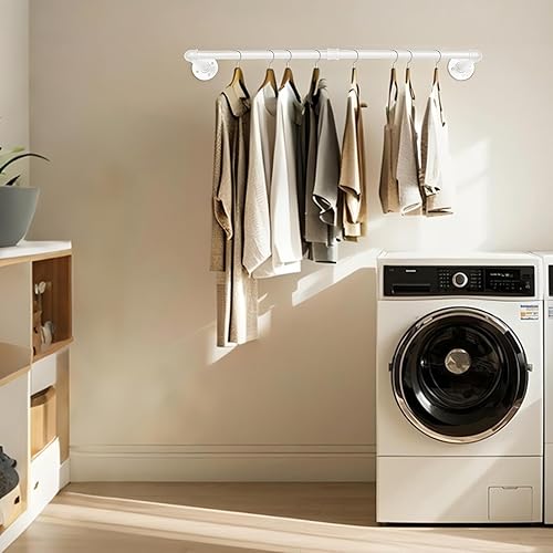Miniatura 5 de AddGrace Paquete de 2 percheros de tubería industrial para montar en la pared, color blanco, perchero resistente para colgar ropa, estante multiusos