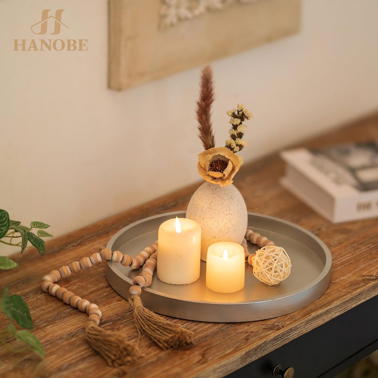 Hanobe Decorative Trays for Coffee Table: Silver Round Tray Decor Circle Farmhouse Table Centerpiece Rustic Candle Holder for Home Decor Ottoman Counter Display Living Room Organizer 12" - Image 4