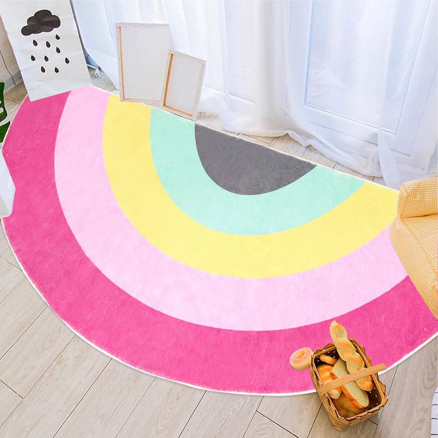Kids Rug Carpet 5Ft Pink Rainbow Rug for Girls Bedroom Half Circle Playroom Bathroom Area Rug Soft Child Floor Mat for Boys Girls Room Nonslip Indoor Washable Doormat, 31.5"x63", Pink