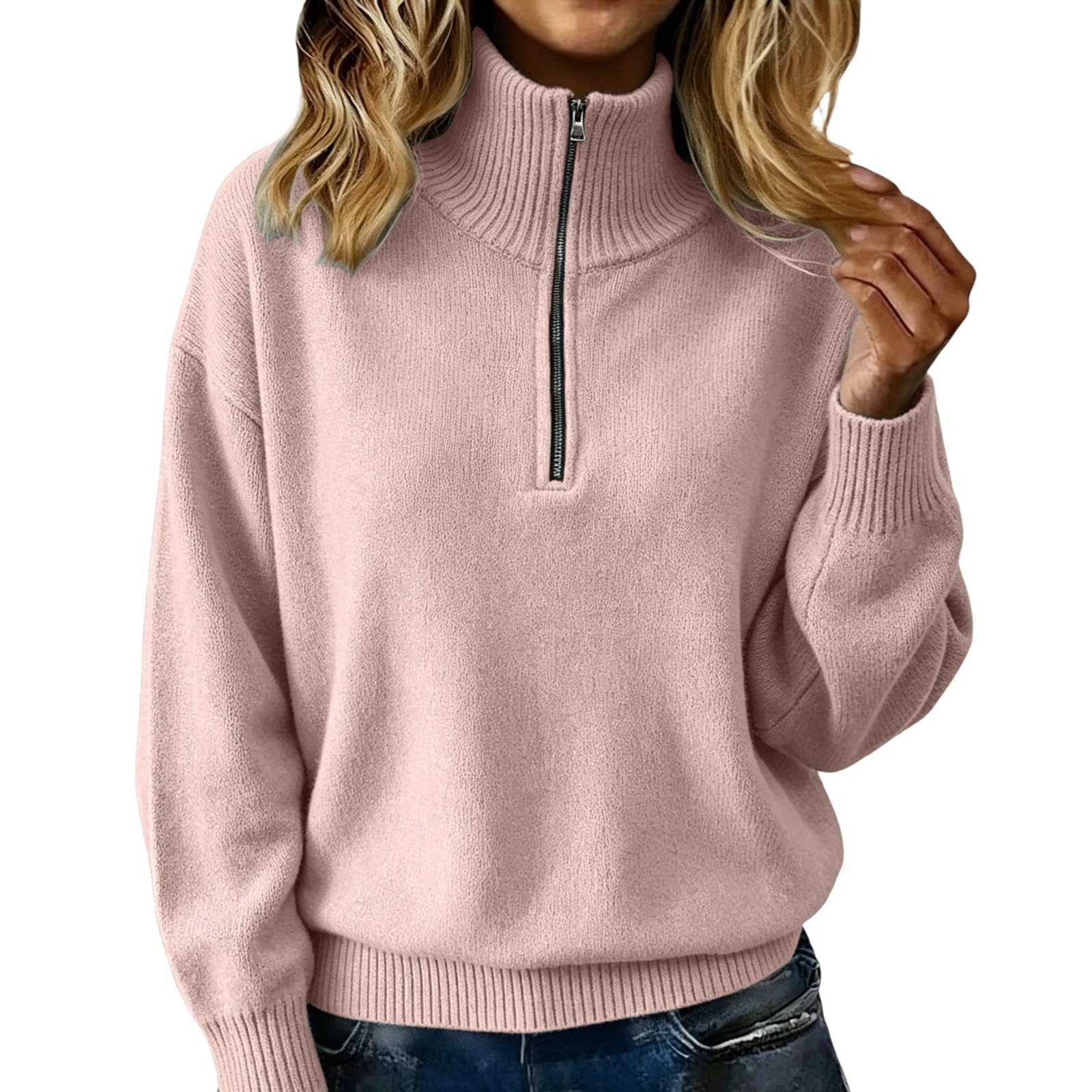 Cárdigan de Punto con Cremallera Frontal para Mujer, Manga Larga, Color Liso, Estilo Casual, de Corte Relajado, Tipo Chaqueta, Bolsillos, Ideal para superponer en otoño y Primavera,