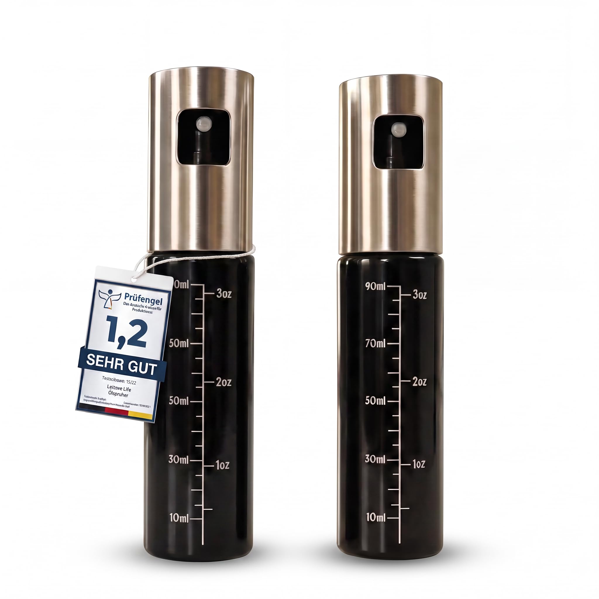 Leisure Life® | NEUEINFÜHRUNG | 2er Set Ölsprüher | 1 mm Edelstahlmantel | UV-Schutzglas | BPA-frei | 100 ml Ölzerstäuber für Olivenöl & gesundes Kochen (Obsidian Black & Obsidian Black – UV)