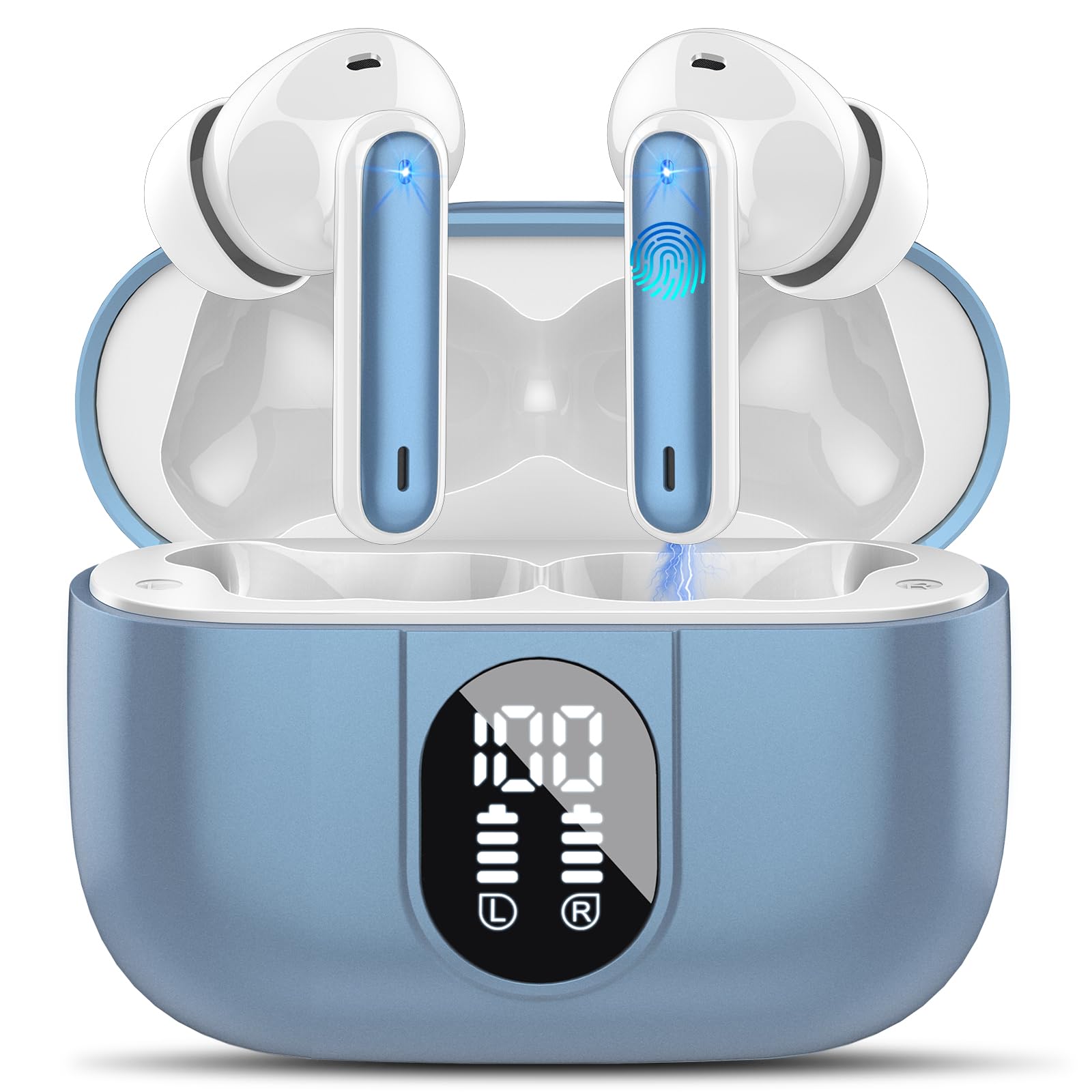 Csasan Auriculares Inalámbricos Bluetooth, Auriculares Bluetooth 5.3 Estéreo con 4 ENC Cancelacion Ruido Micró, 40H Control Táctil Cascos Inalambricos, IP7 Impermeable Auriculares in Ear, Azul
