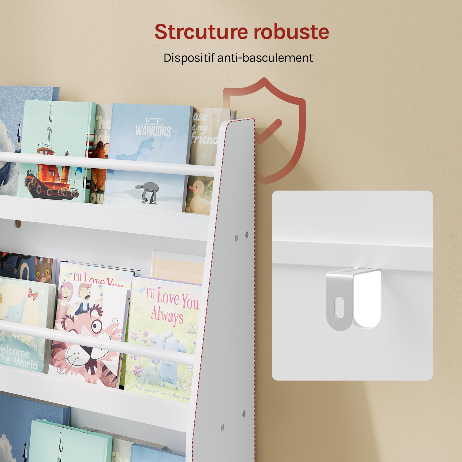 WOLTU Bibliothèque Enfant, Meuble Rangement Enfant, à 3 Niveaux | Blanc, en MDF et Bois