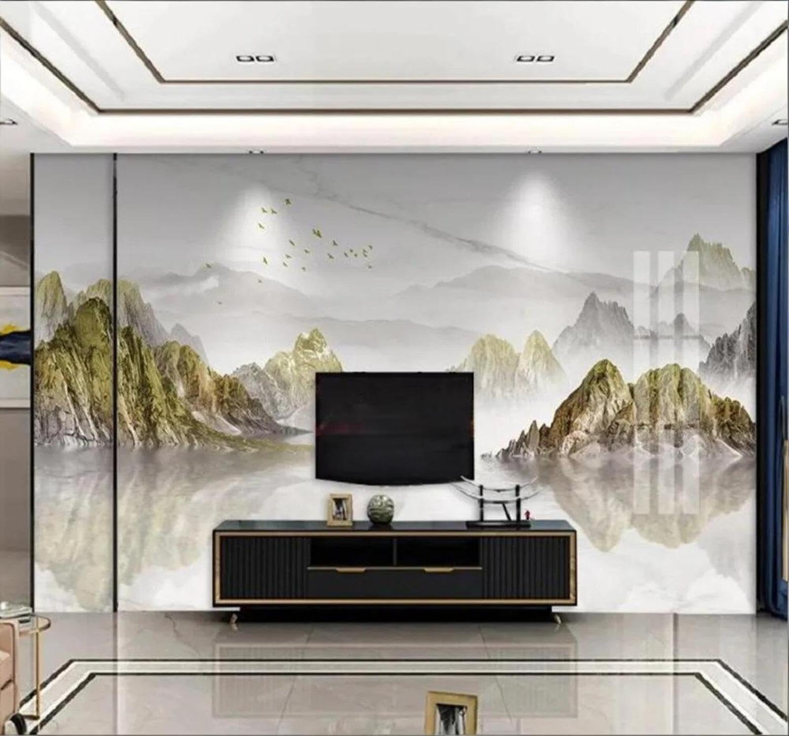 Tzxztt Three Dimensional Ink Wash Landscape Scenery Faux Marble Modern 3D Wallpaper Premium Textured Silk Neutral Tones Material Ideal for Living Room Bedroom-350cm×256cm