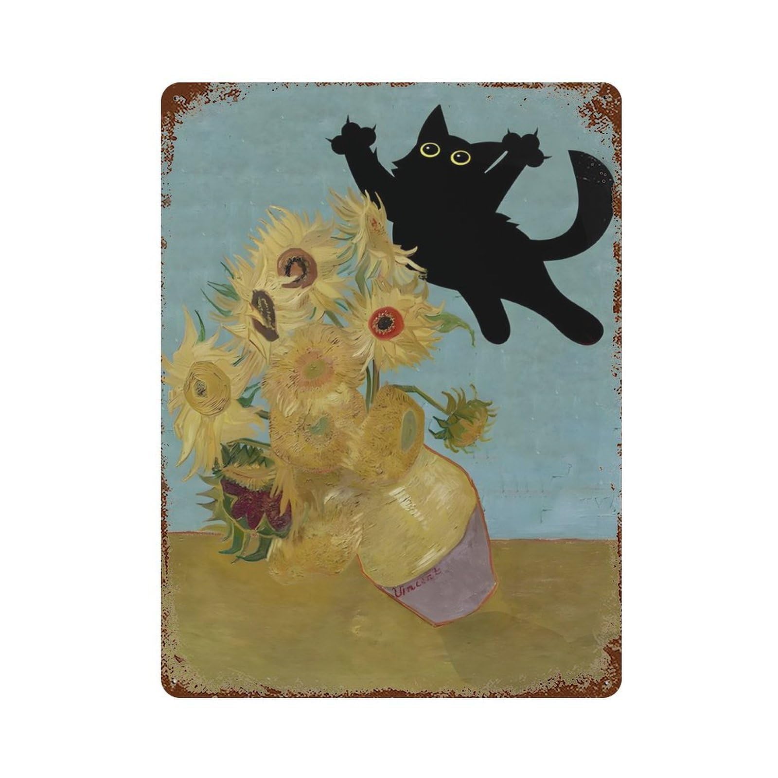 Sunflowers Cat Vintage Wall Sign 15.7"x11.8", Rust Effect Metal Decor for Cafe, Home Bar And Lounge Decor
