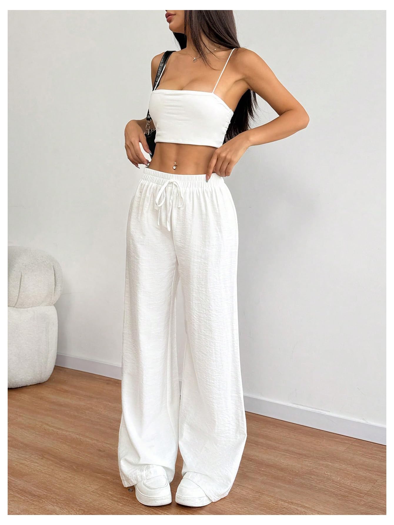 SOLY HUX Women's Wide Leg Summer Linen Pants Drawstring Elastic Waist Baggy Loose Sweatpants Trousers
