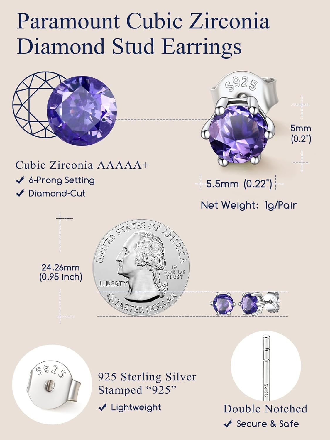 925 Sterling Silver Stud Earrings for Women, Heart/Round Birthstone Earrings Birthday Jewelry for Women Wife Daughter (with Gift Box)