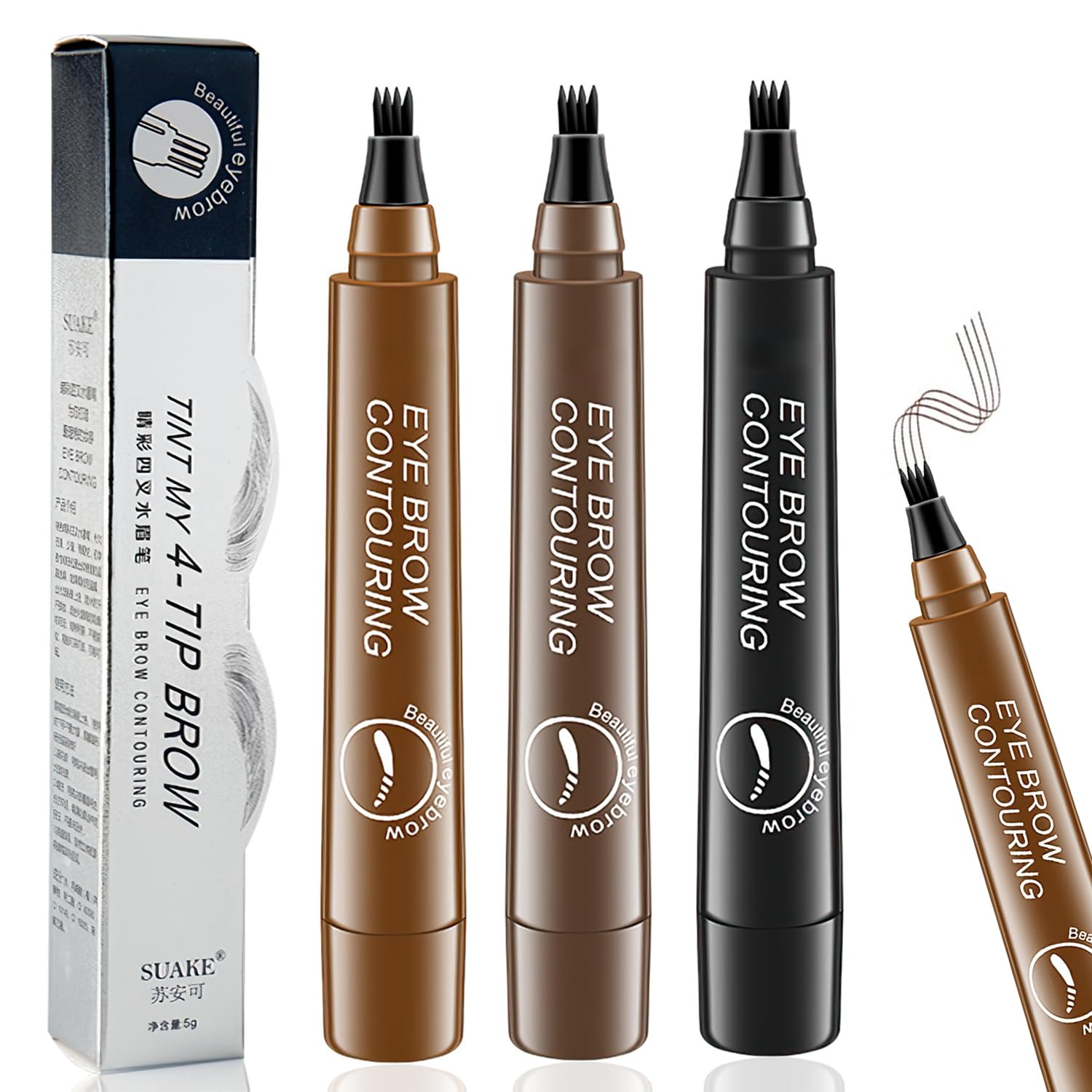 SUAKE Eyebrow Contouring Pen - 3pcs Magical Precise Waterproof Brow Pen, Easy To Shape, Smudge-Proof Creates Natural Look (Natural Black/Dark Brown/Light Brown)