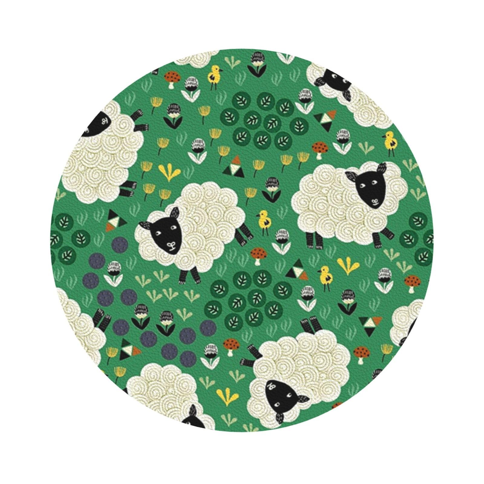 Cute Cartoon Sheep PU Leather Coasters Set of 6 Round Drink Coasters